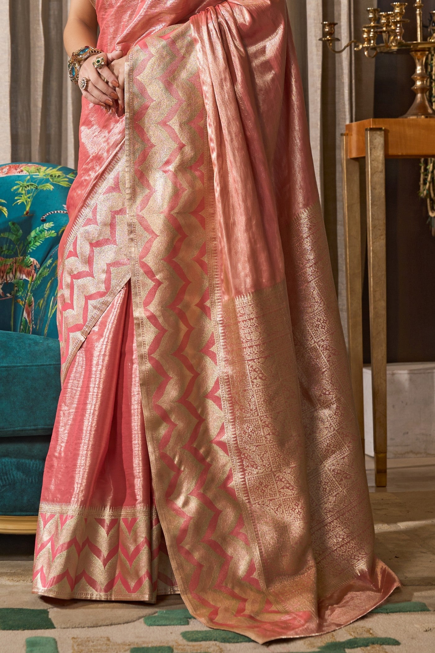 Buy MySilkLove Warm Pink Handloom Tissue Saree Online