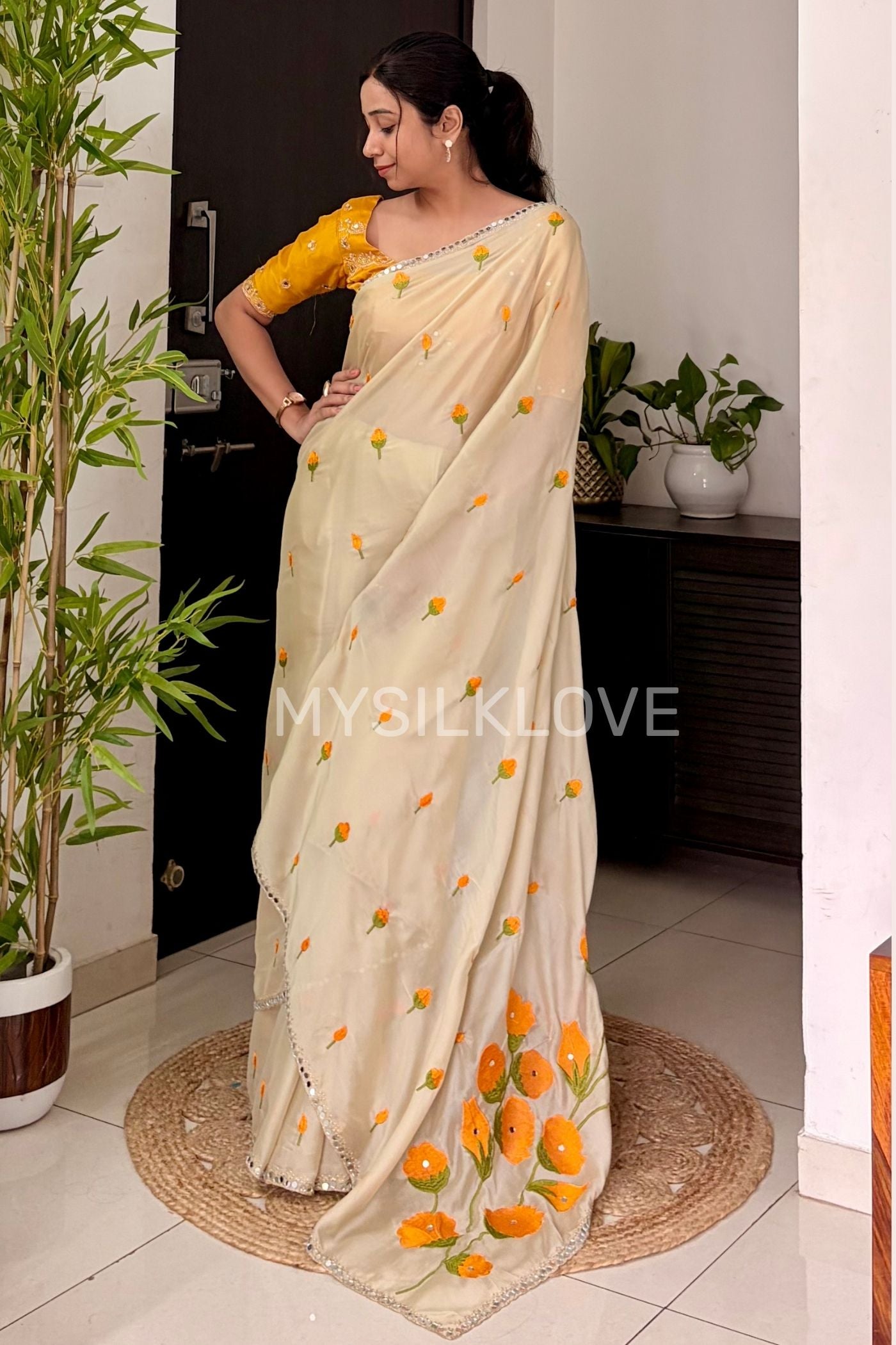 Buy MySilkLove Moonlit Cream and Yellow Embroidery Chiffon Floral Saree with Mirror Work Online