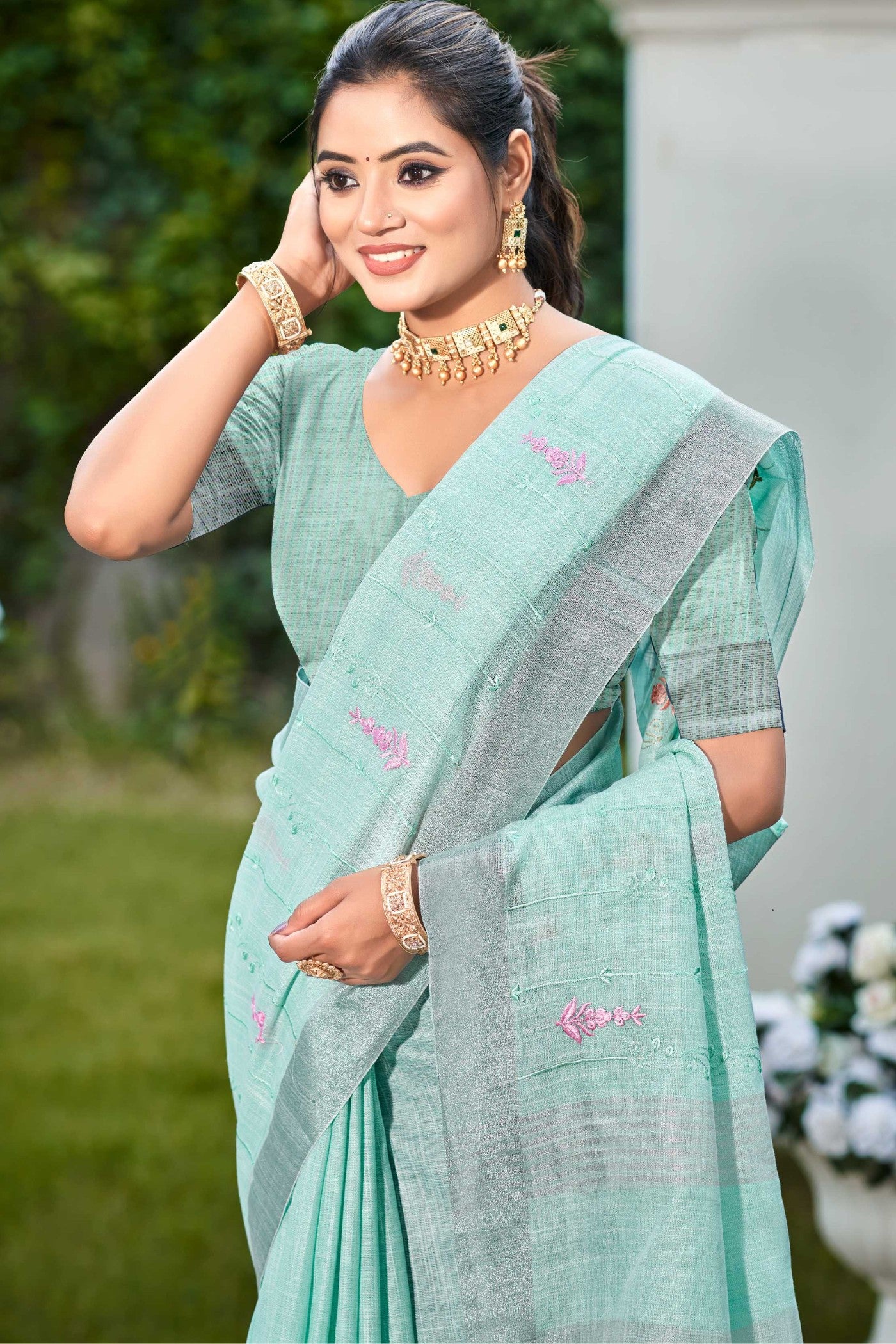 Buy MySilkLove Sky Blue Woven Cotton Linen Saree Online
