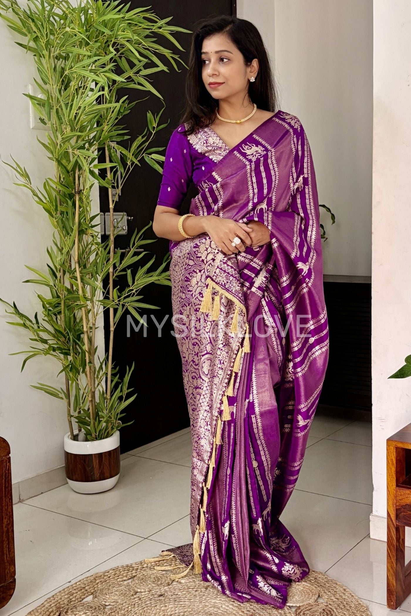 Buy MySilkLove Brinjal Purple Deer Design Woven Banarasi Silk Saree Without Blouse Online