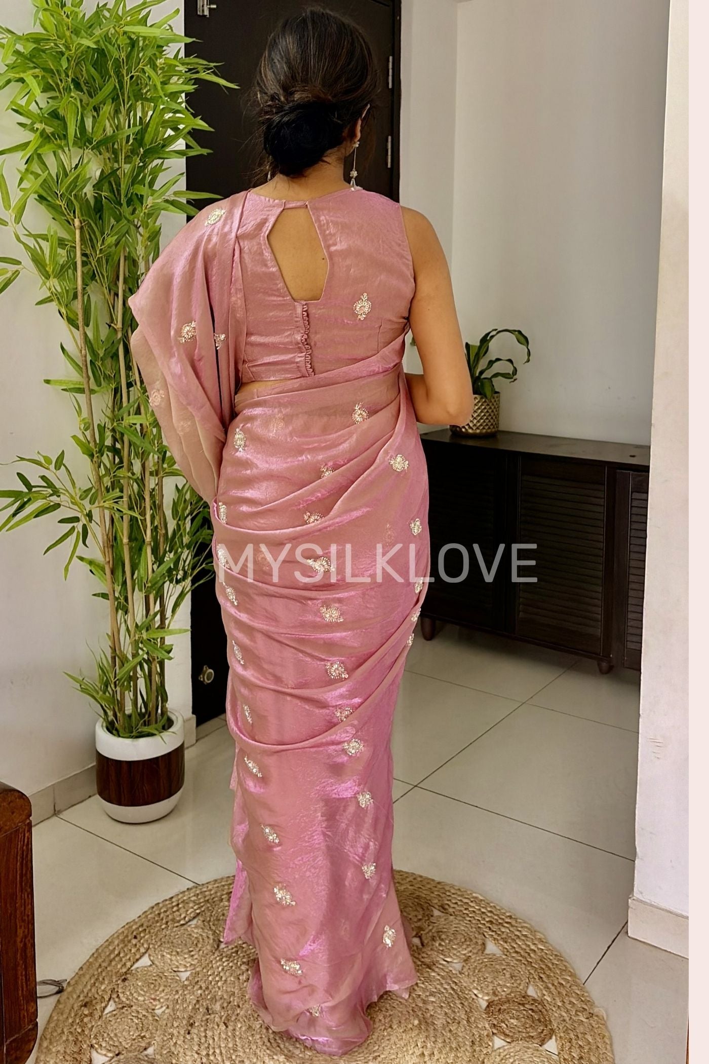 Buy MySilkLove Froly Pink Embroidered Partywear Saree Without Blouse Online