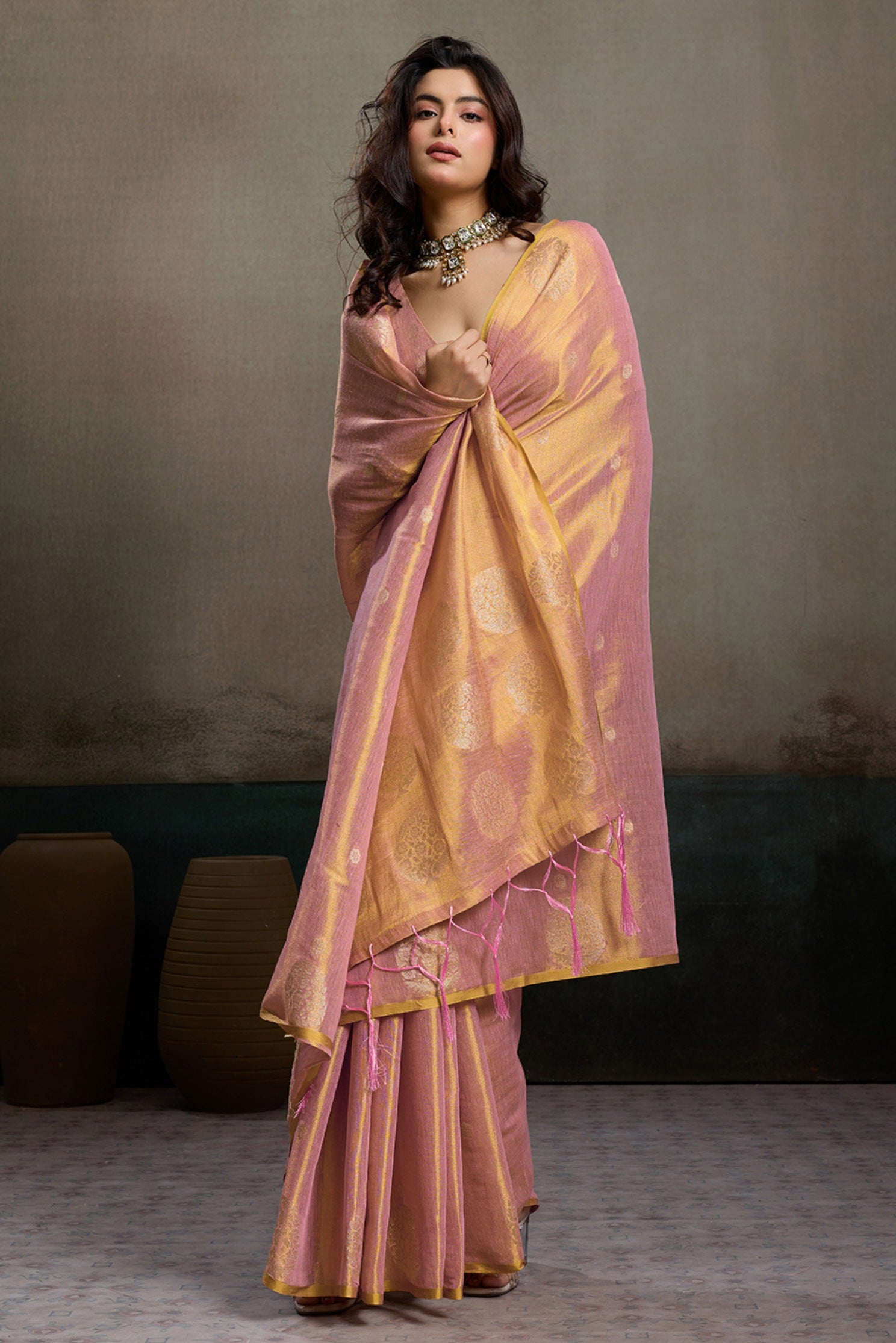 Buy MySilkLove Muted Peach Woven Tissue Saree Online