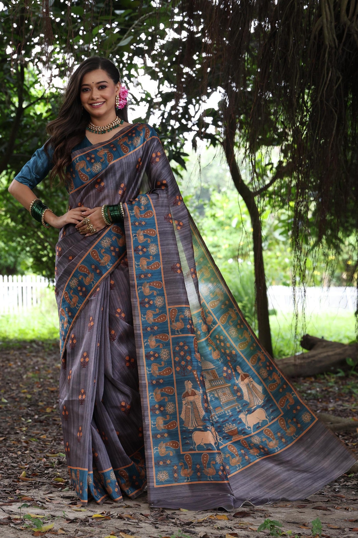Buy MySilkLove Raisin Purple Madhubani Tussar Printed Silk Saree Online