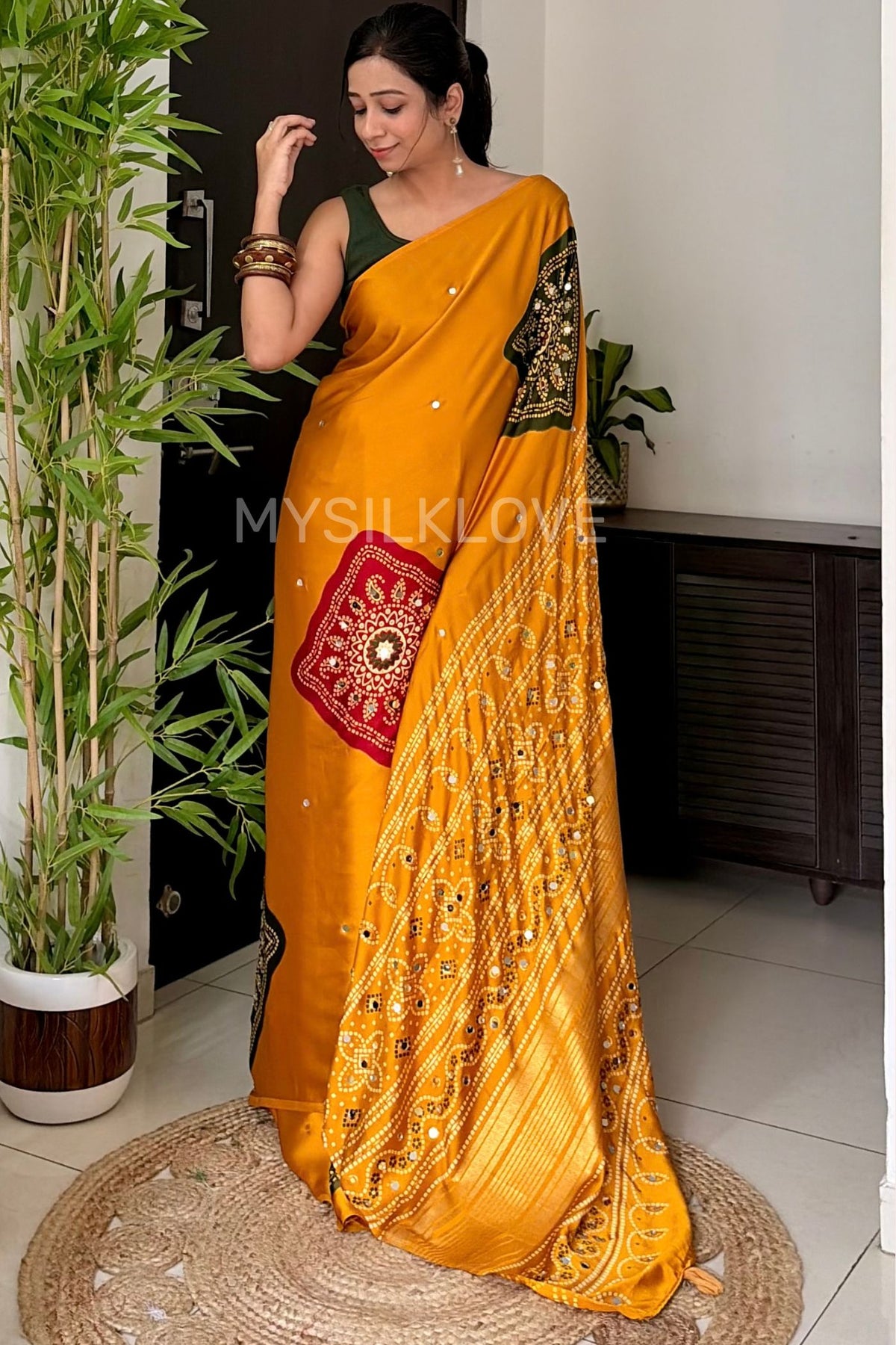 Buy MySilkLove Canary Yellow Satin Printed Bandhani Mirror Work Saree Online