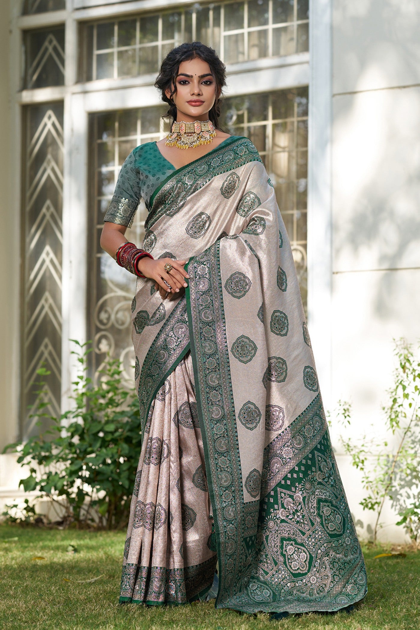 Buy MySilkLove Ivory Cream and Green Woven Banarasi Saree Online