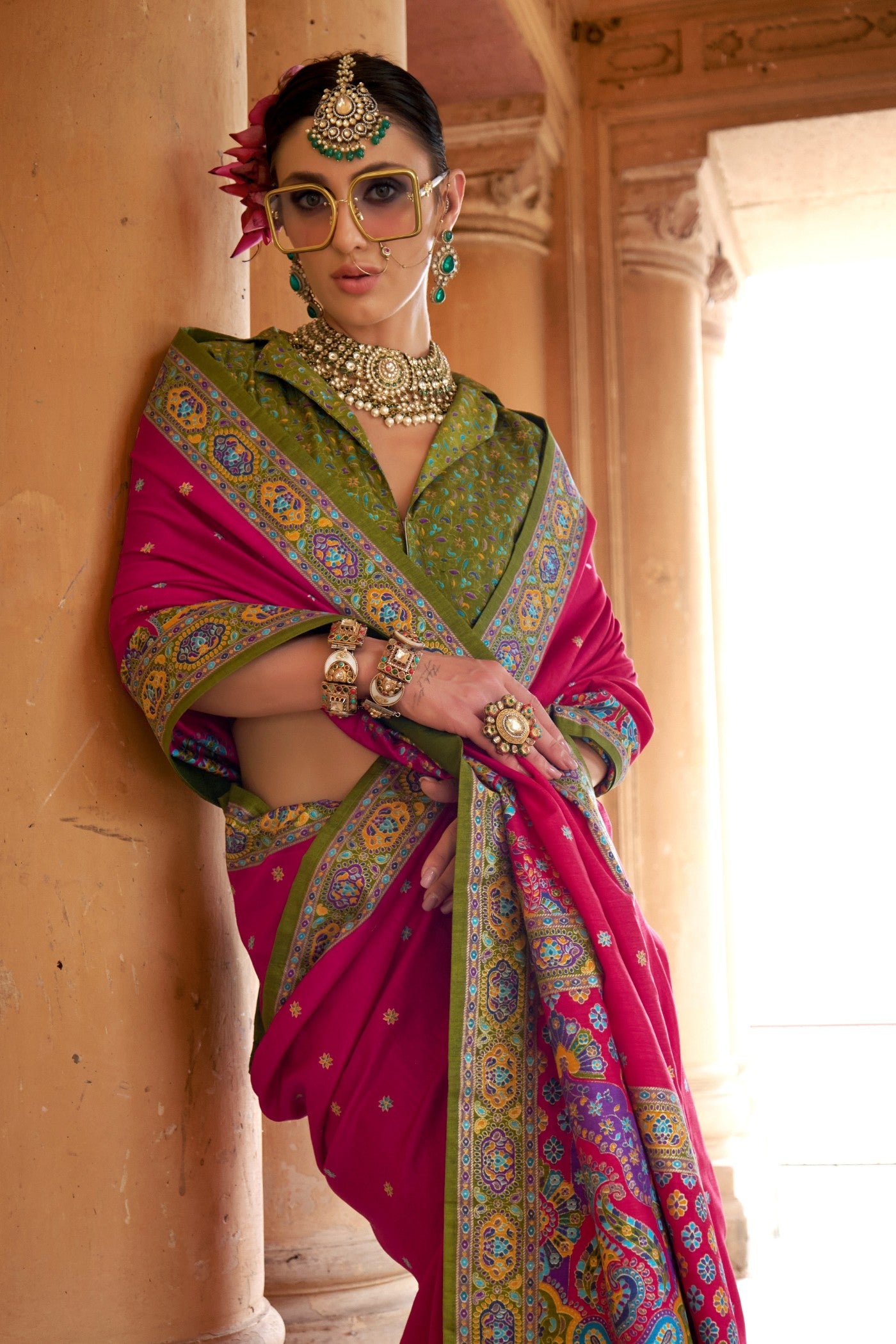 Buy MySilkLove Rose Red Printed Banarasi Saree Online