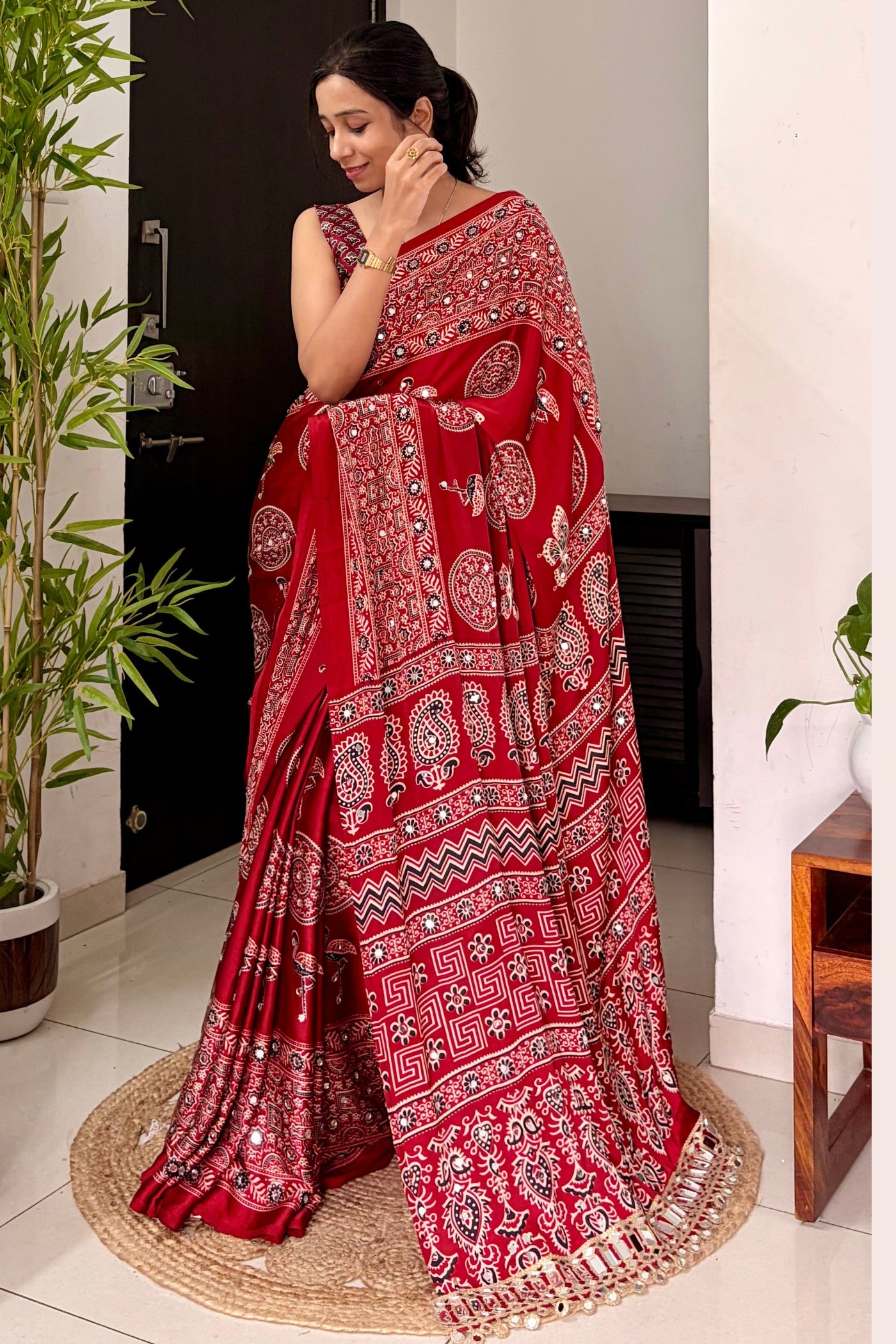 Buy MySilkLove Chili Red Ajrakh Satin Printed Mirror Work Saree Online