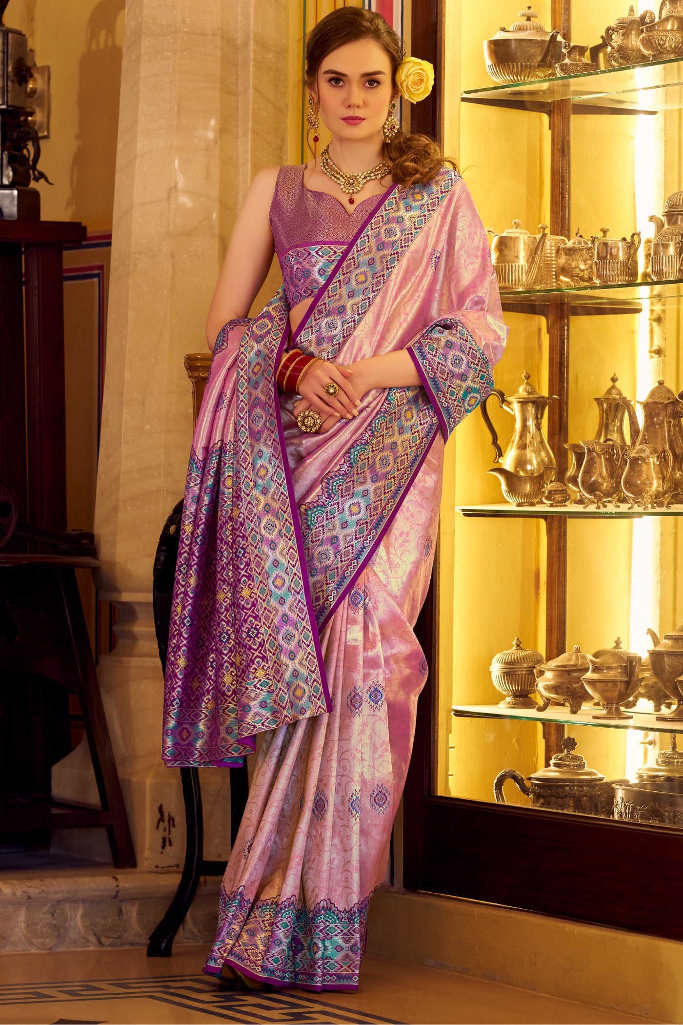 Buy MySilkLove Dawn Pink Woven Tissue Patola Silk Saree Online