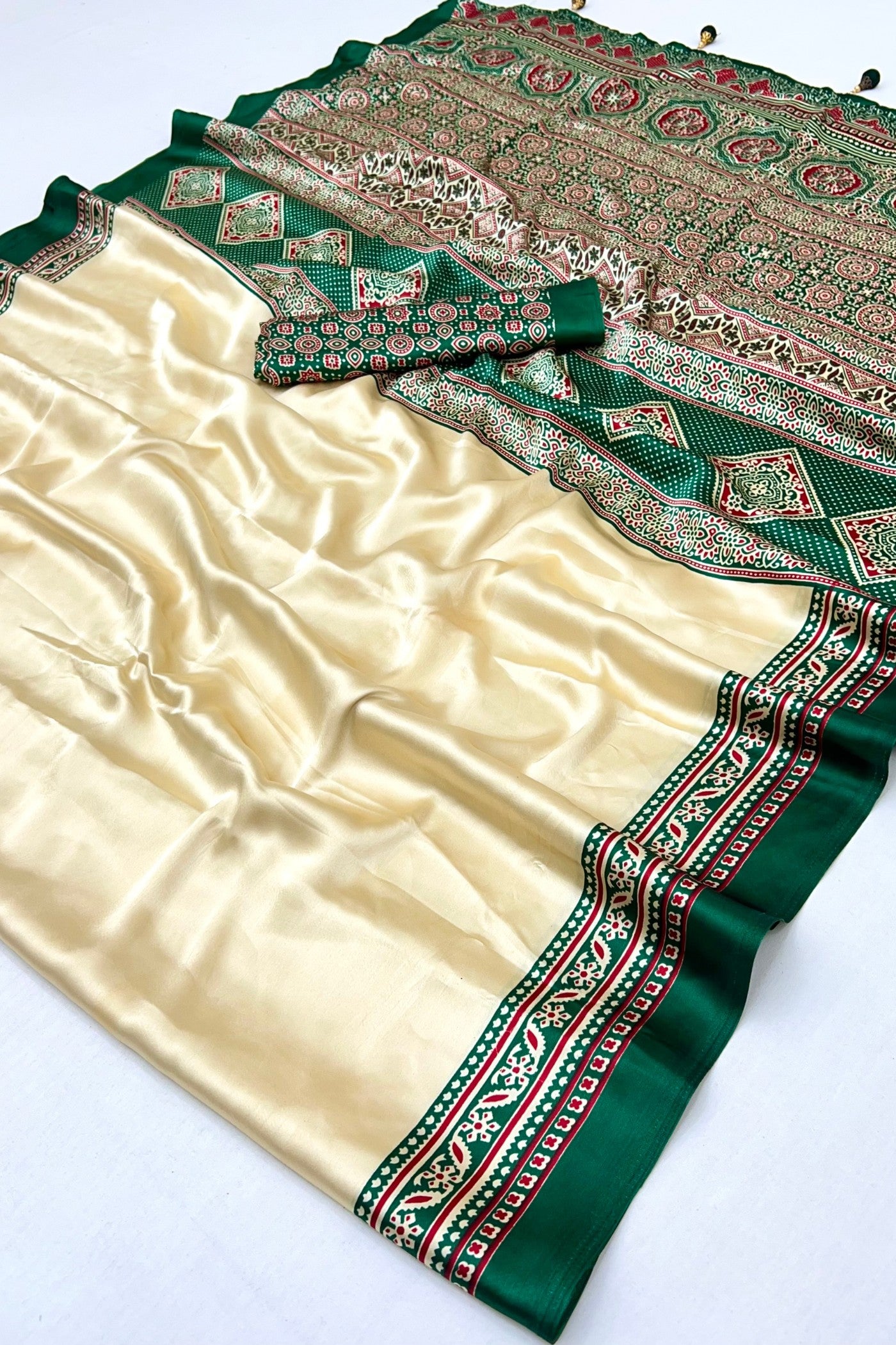 Buy MySilkLove Rice Cream and Green Ajrakh Printed Satin Crepe Silk Saree Online