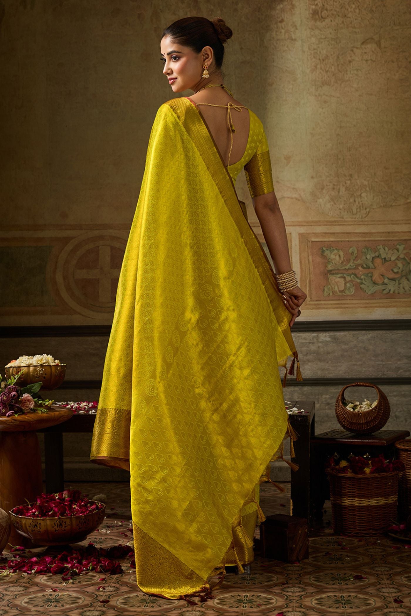 Buy MySilkLove Maize Green Woven Kanjivaram Saree Online