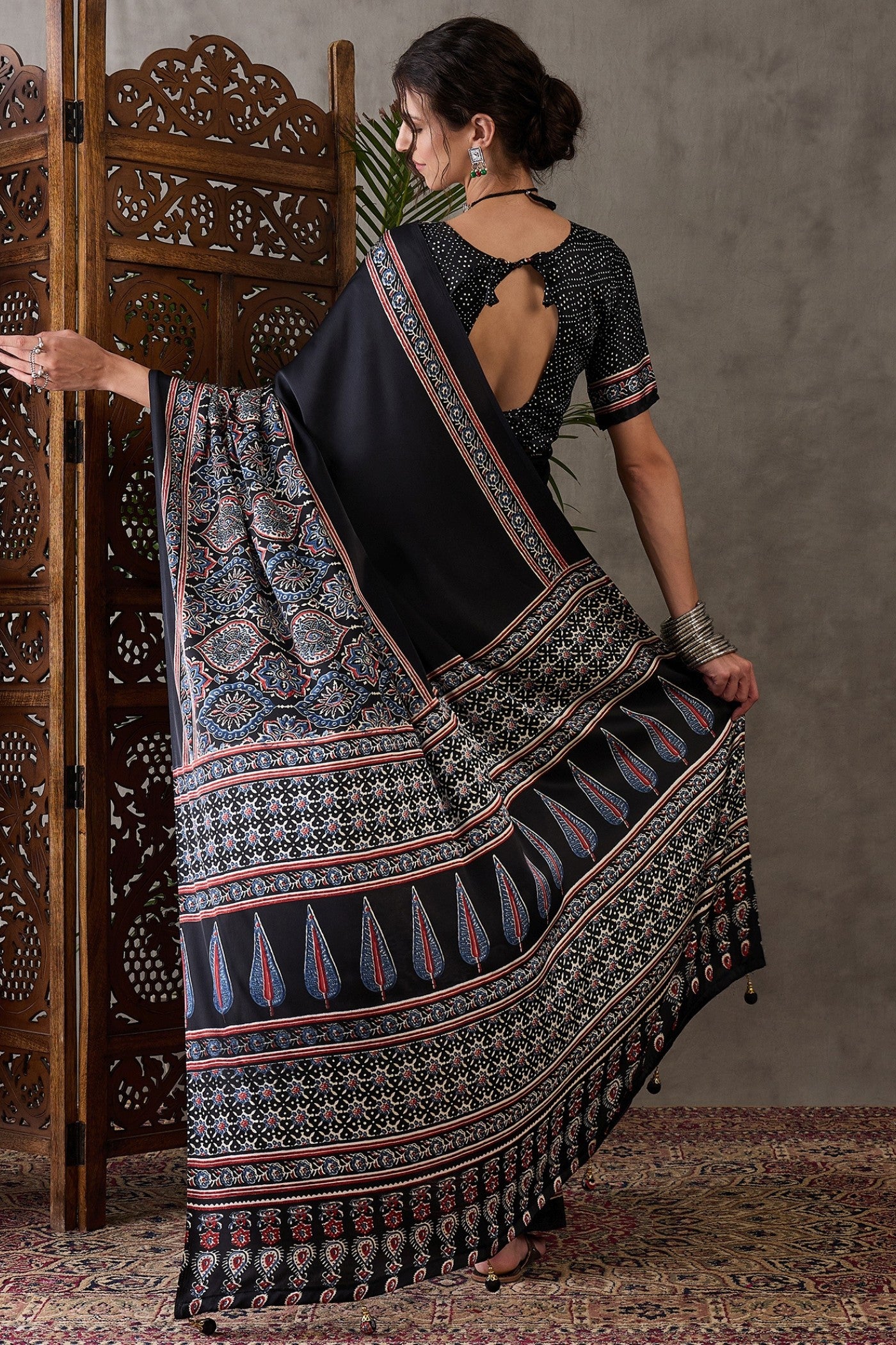 Buy MySilkLove Metal Black Ajrakh Printed Satin Gaji Silk Saree Online