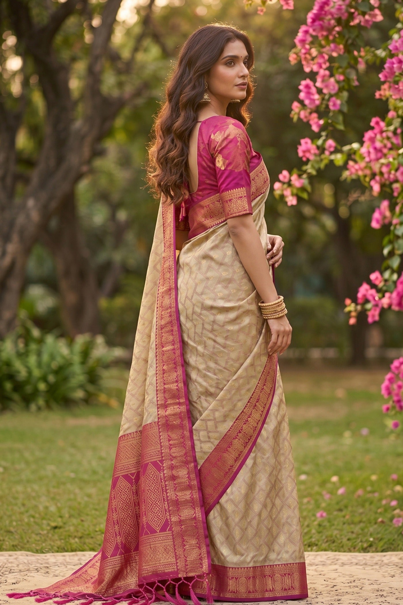 Buy MySilkLove Desert Cream and Pink Woven Banarasi Cotton Saree Online