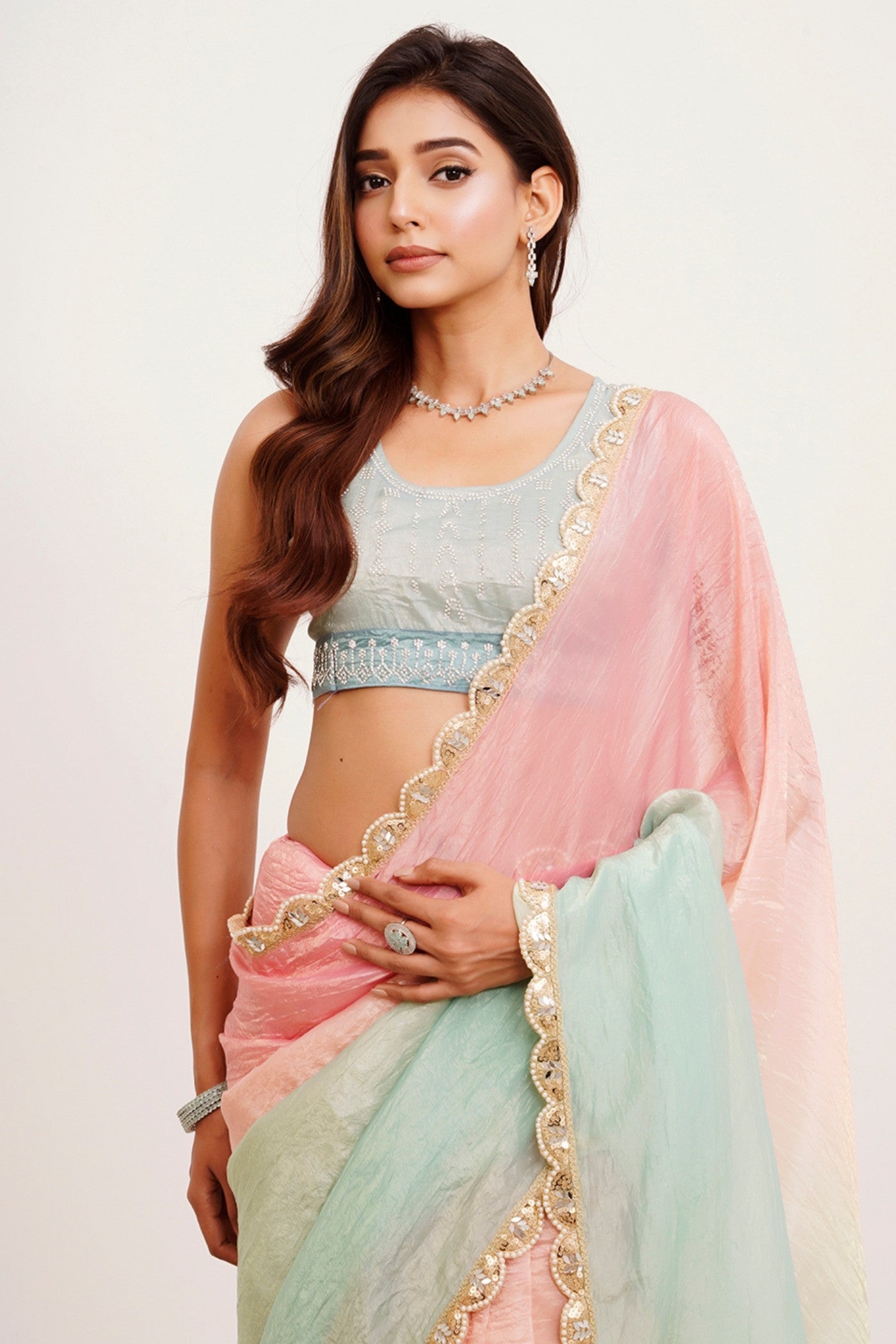 Buy MySilkLove Sky Blue and Pink Tissue Partywear Saree Online