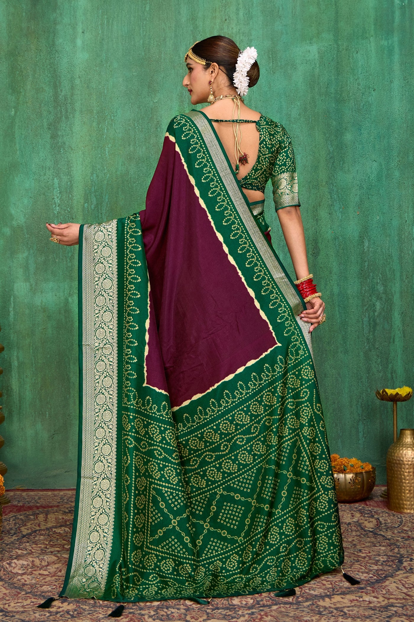 Buy MySilkLove Merlot Purple Tussar Bandhani Silk Saree Online