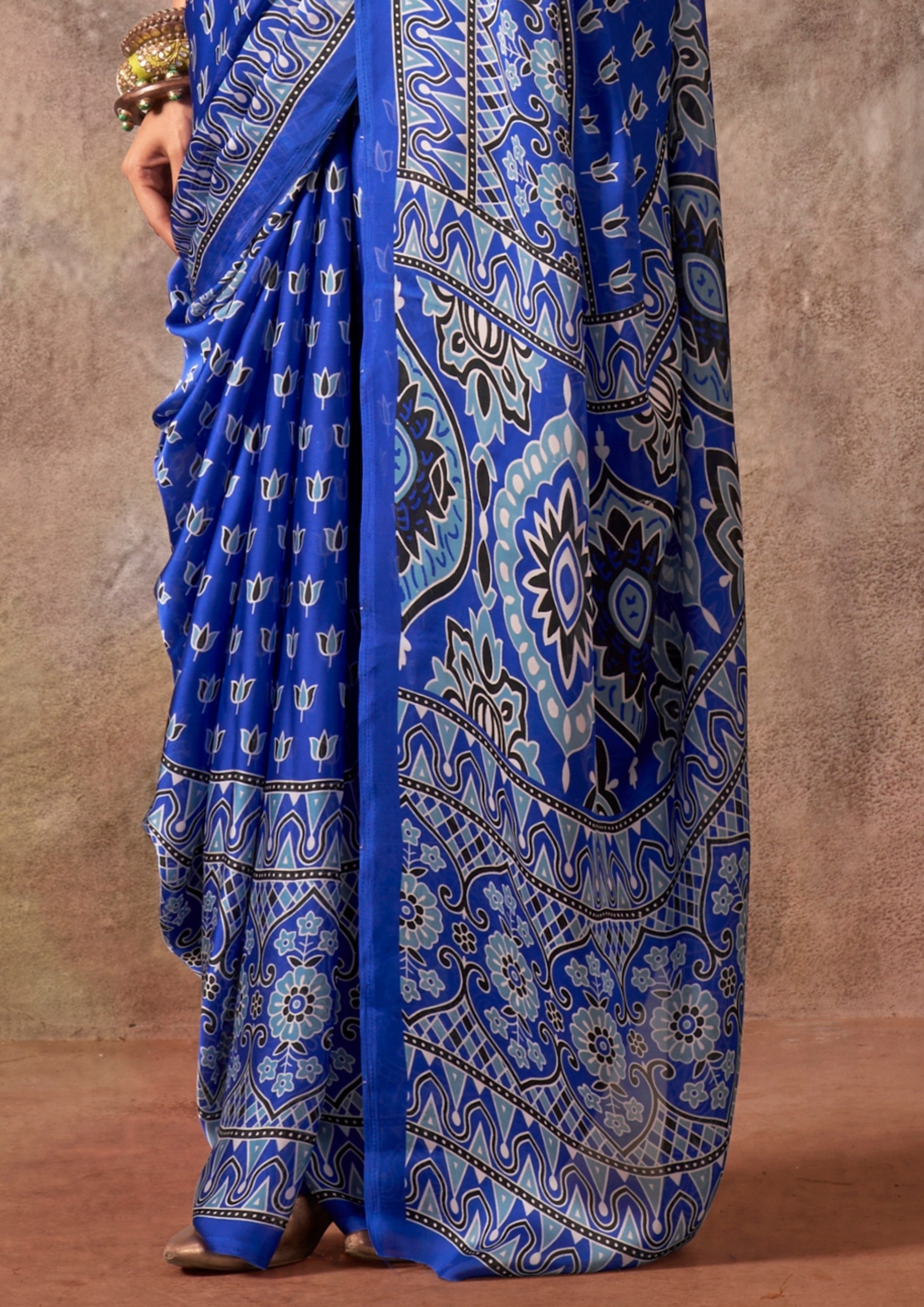 Buy MySilkLove Lazuli Blue Ajrakh Printed Satin Georgette Silk Saree Online
