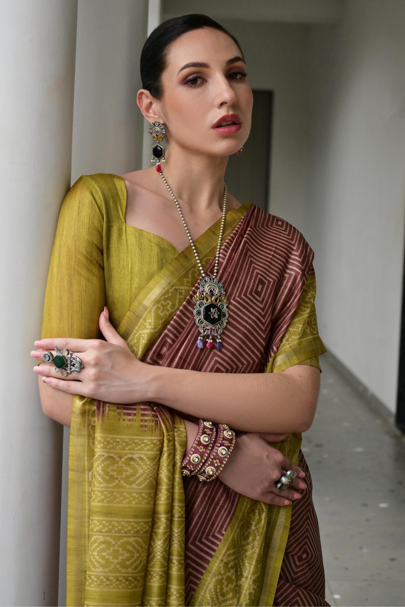 MySilkLove Umber Brown and Green Printed Tussar Silk Saree