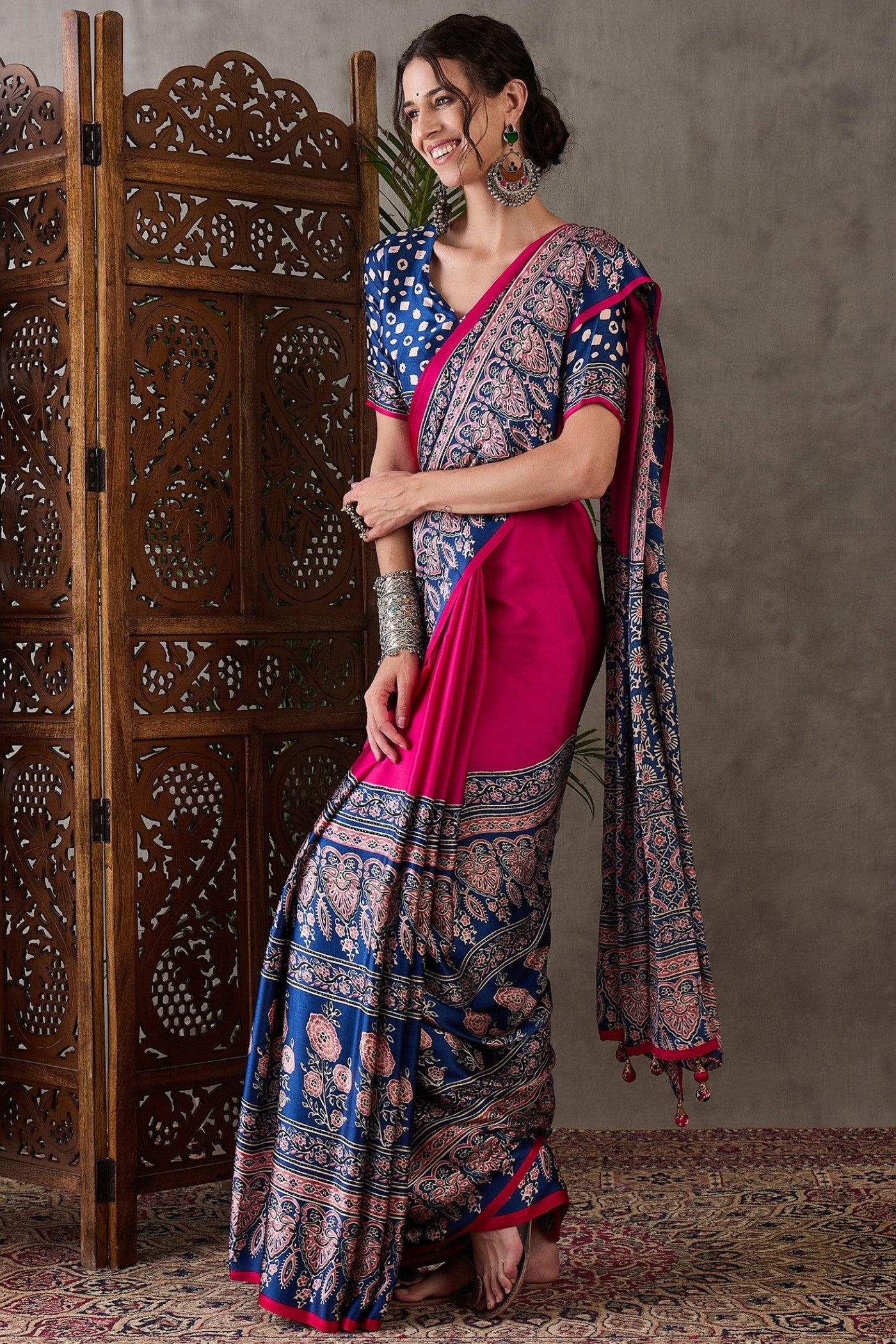 Buy MySilkLove Magenta Pink Printed Satin Gaji Silk Saree Online