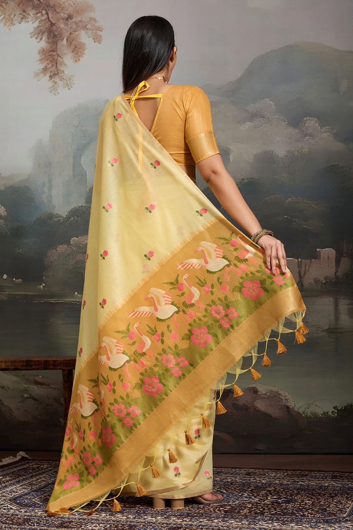 Buy MySilkLove Primrose Yellow Cotton Handloom Swan Saree Online