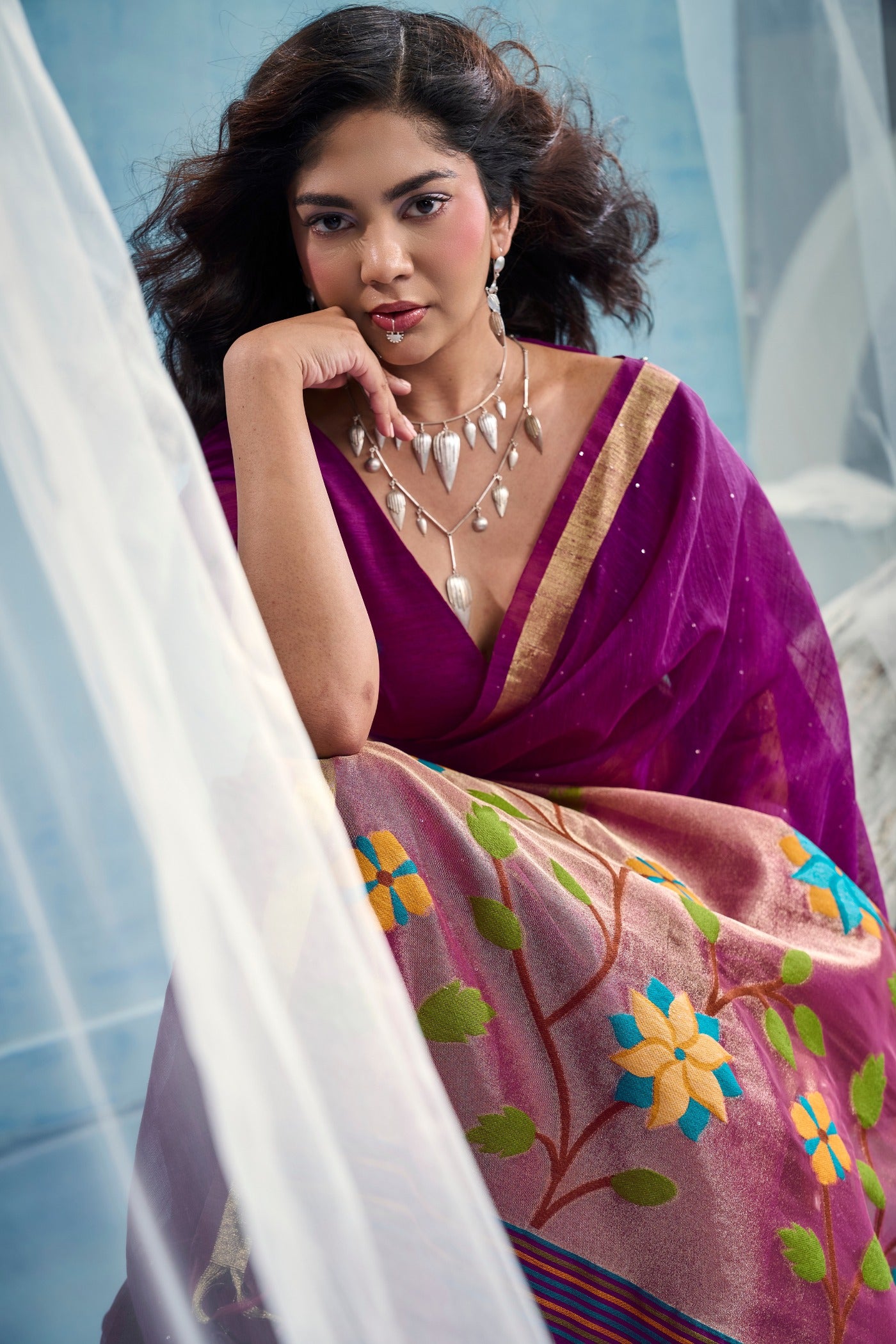 Buy MySilkLove Plum Purple Munga Handloom Tissue Pallu Saree Online