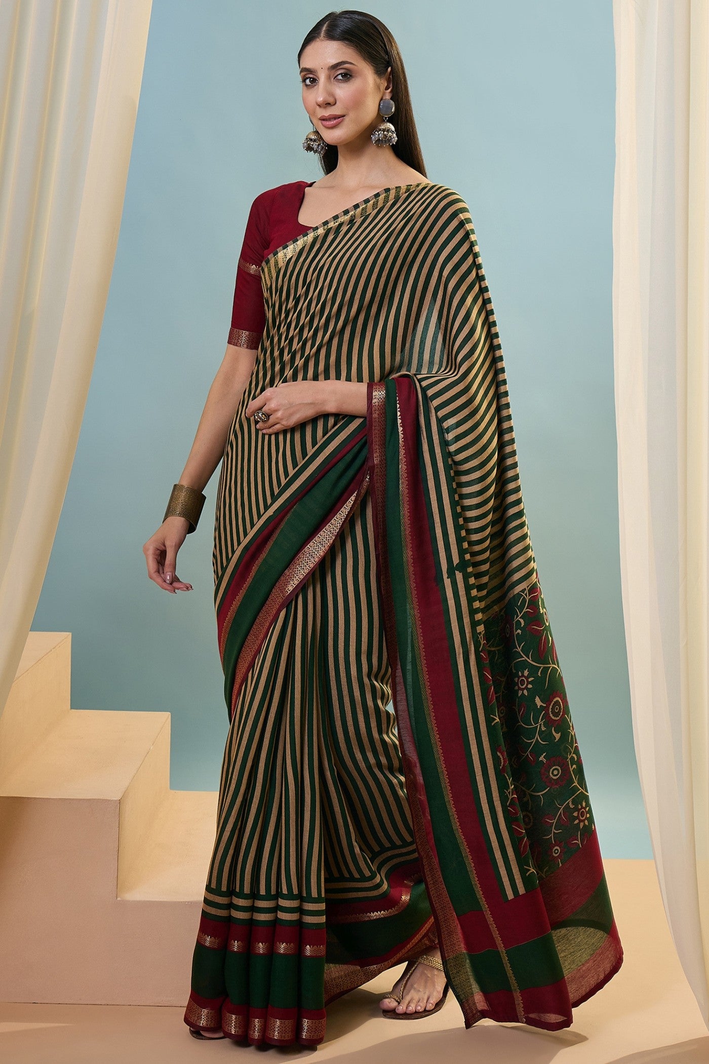 Buy MySilkLove Army Green Woven Cotton Saree Online