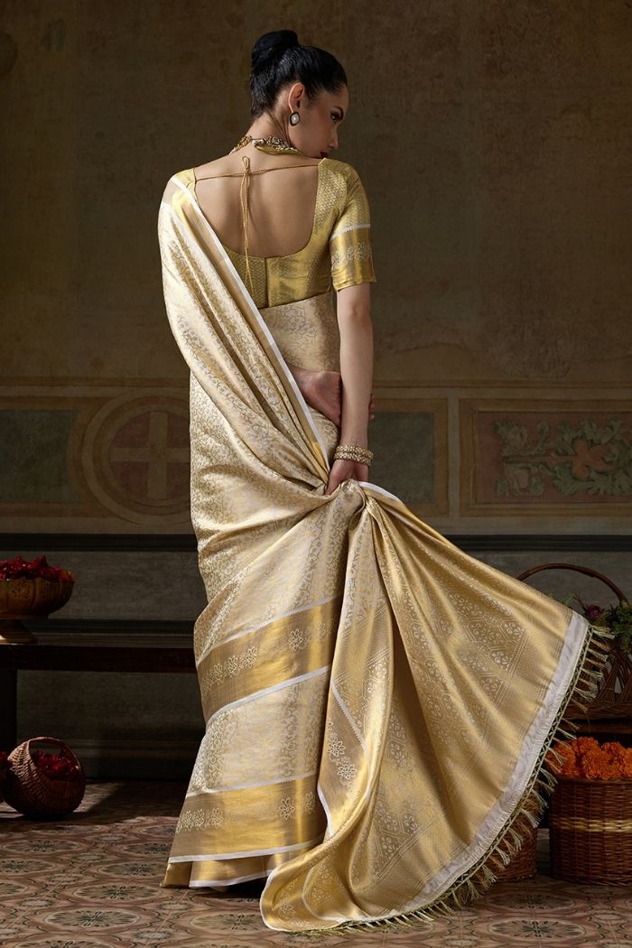 Buy MySilkLove Oyster White Woven Kanjivaram Saree Online