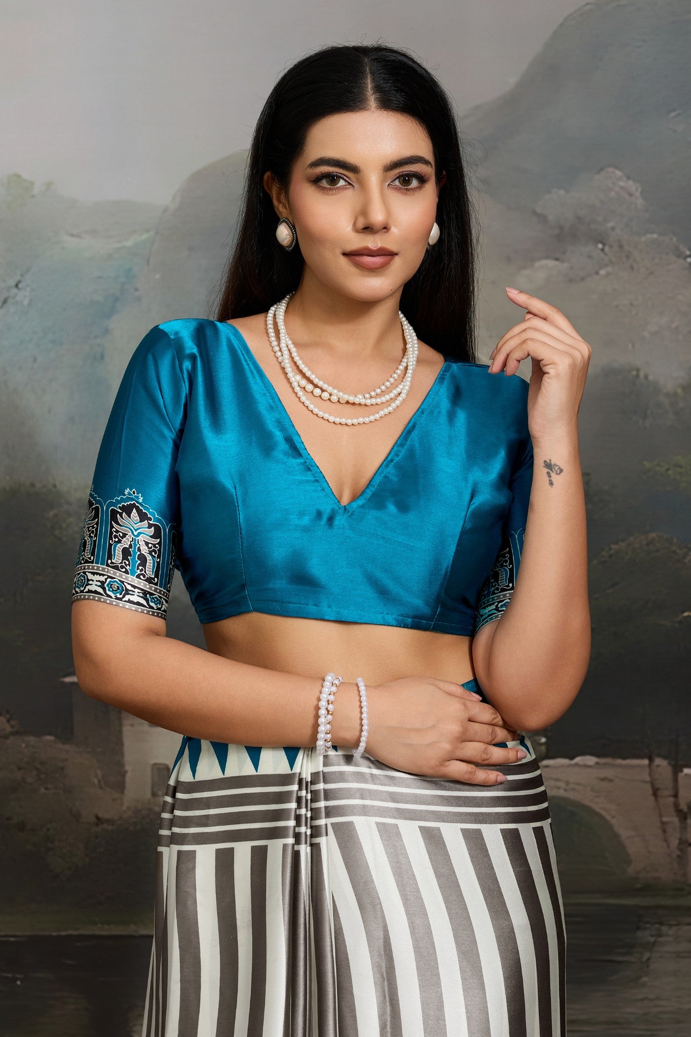 Buy MySilkLove Snow White and Blue Ajrakh Printed Satin Crepe Silk Saree Online