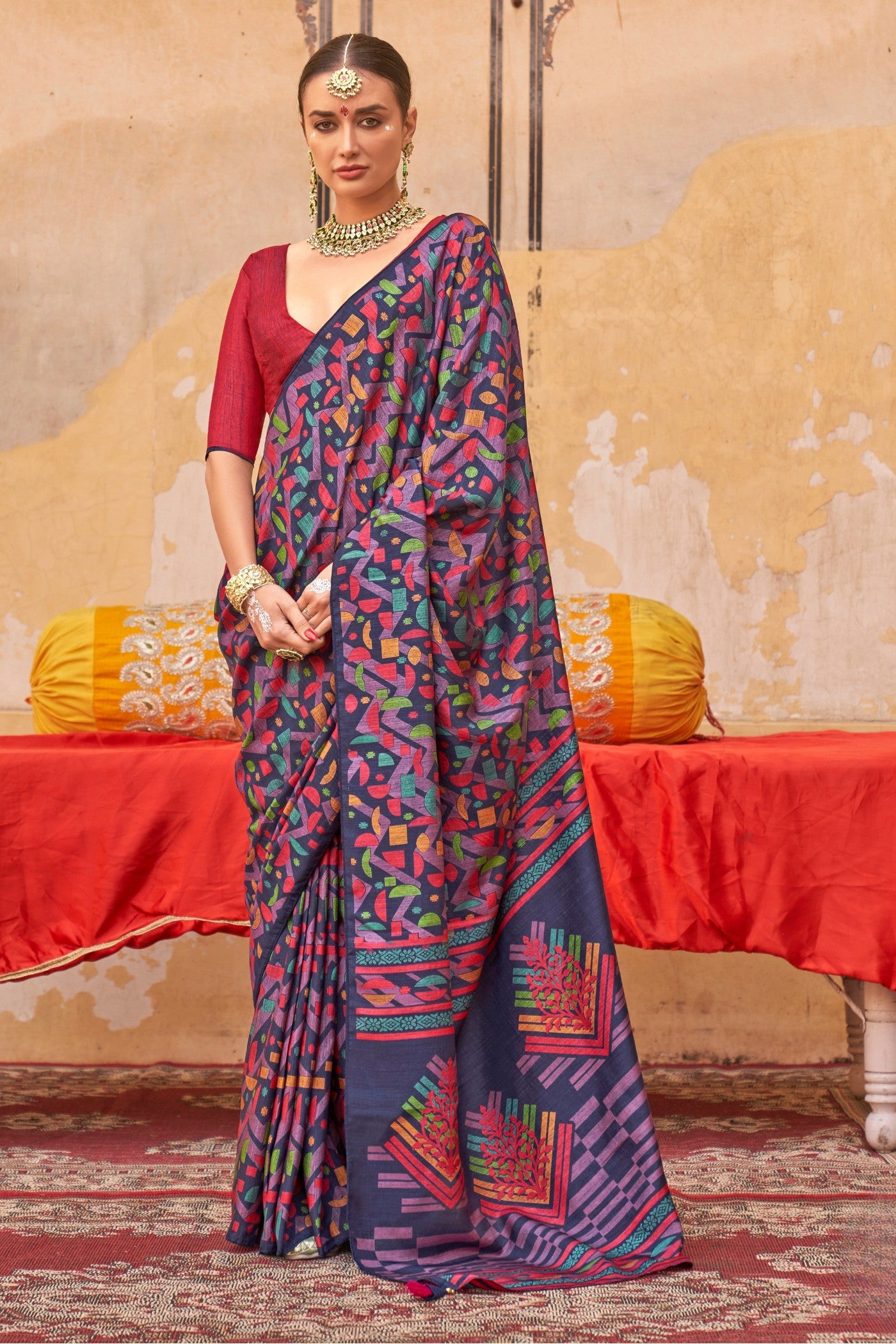 Buy MySilkLove Navy Blue & Purple Banarasi Printed Saree Online