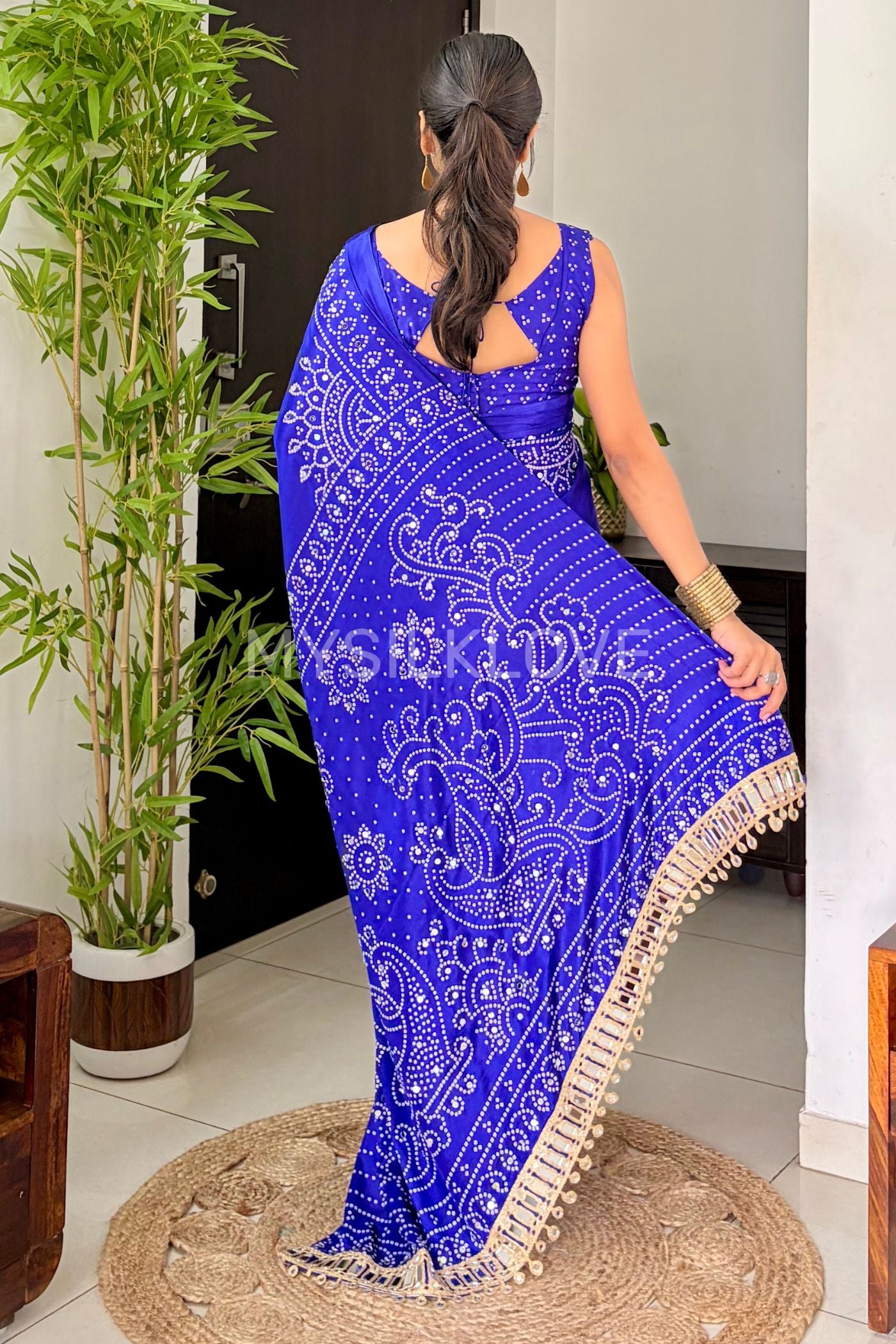 Buy MySilkLove Prussian Blue Bandhani Gaji Satin Mirror Work Silk Crepe Saree Online