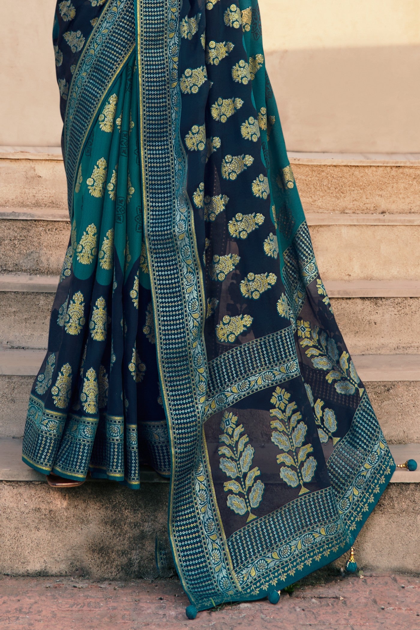 Buy MySilkLove Aqua Blue and Green Banarasi Georgette Saree Online