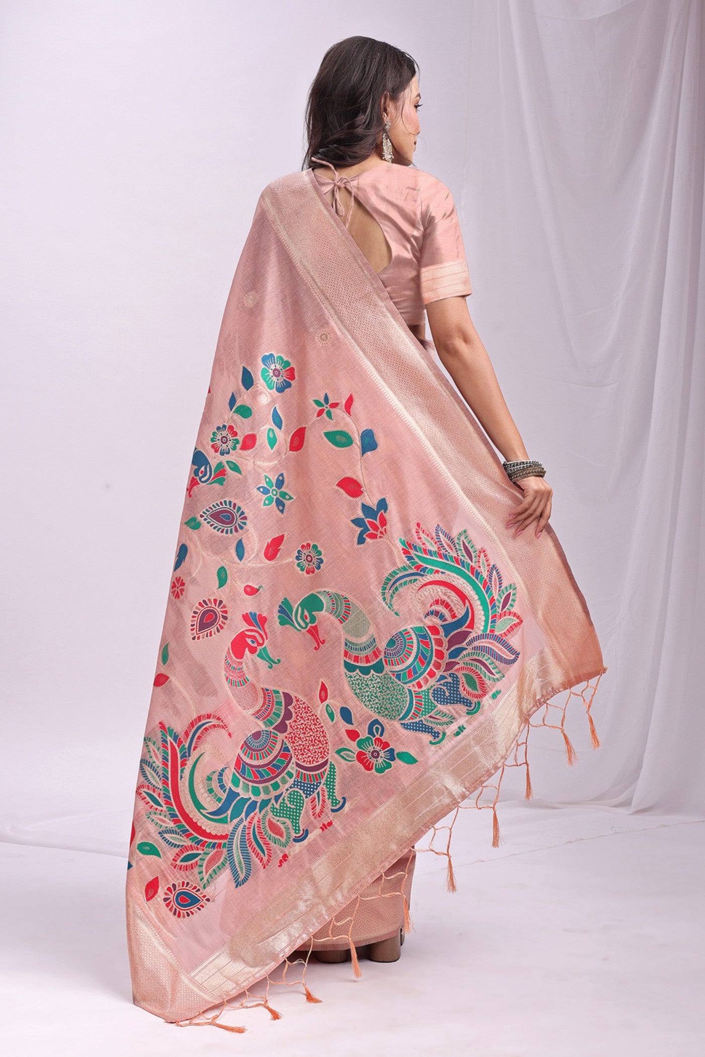 Buy MySilkLove Melon Peach Woven Linen Cotton Saree Online