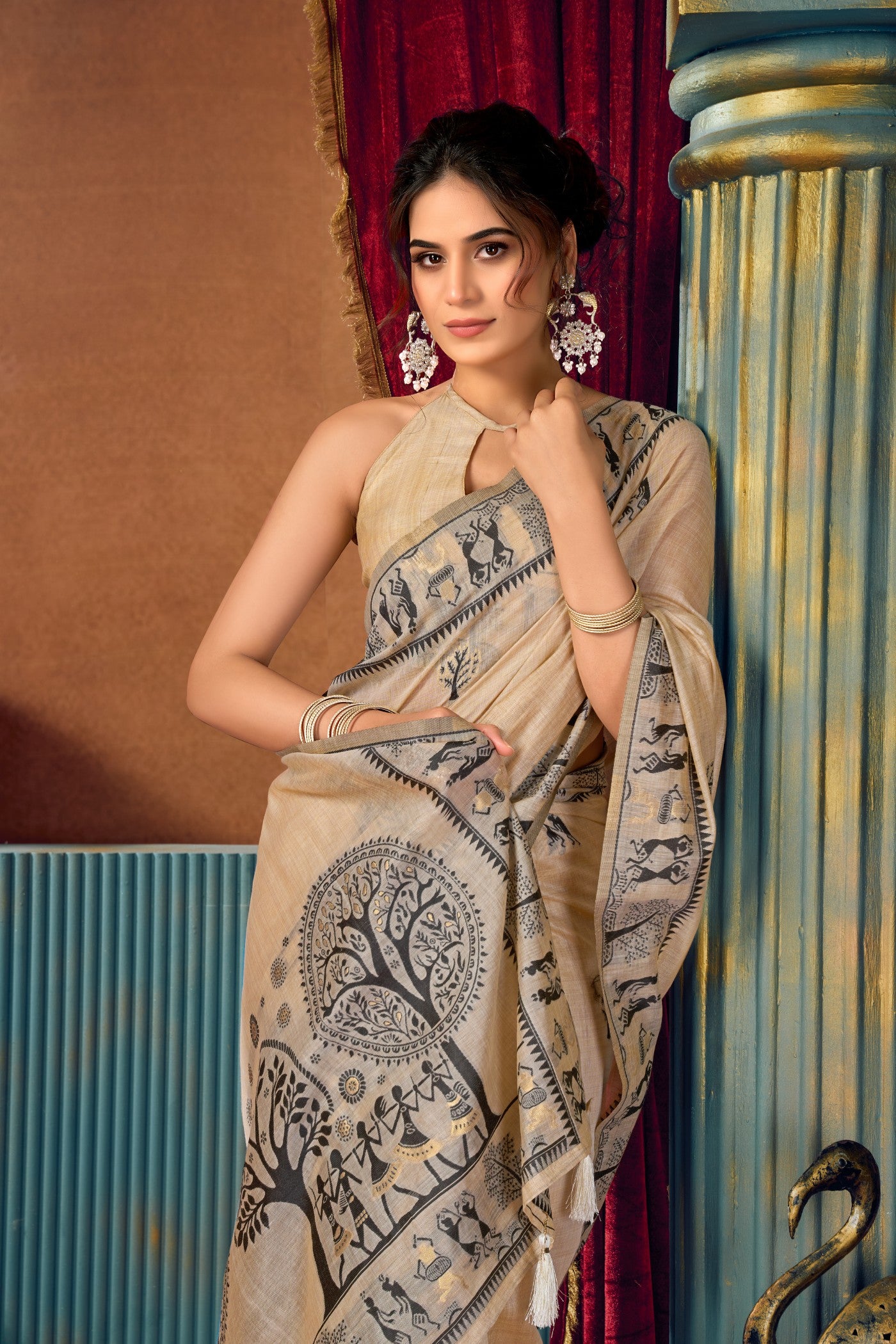 MySilkLove Seashell Cream Woven Modal Cotton Saree