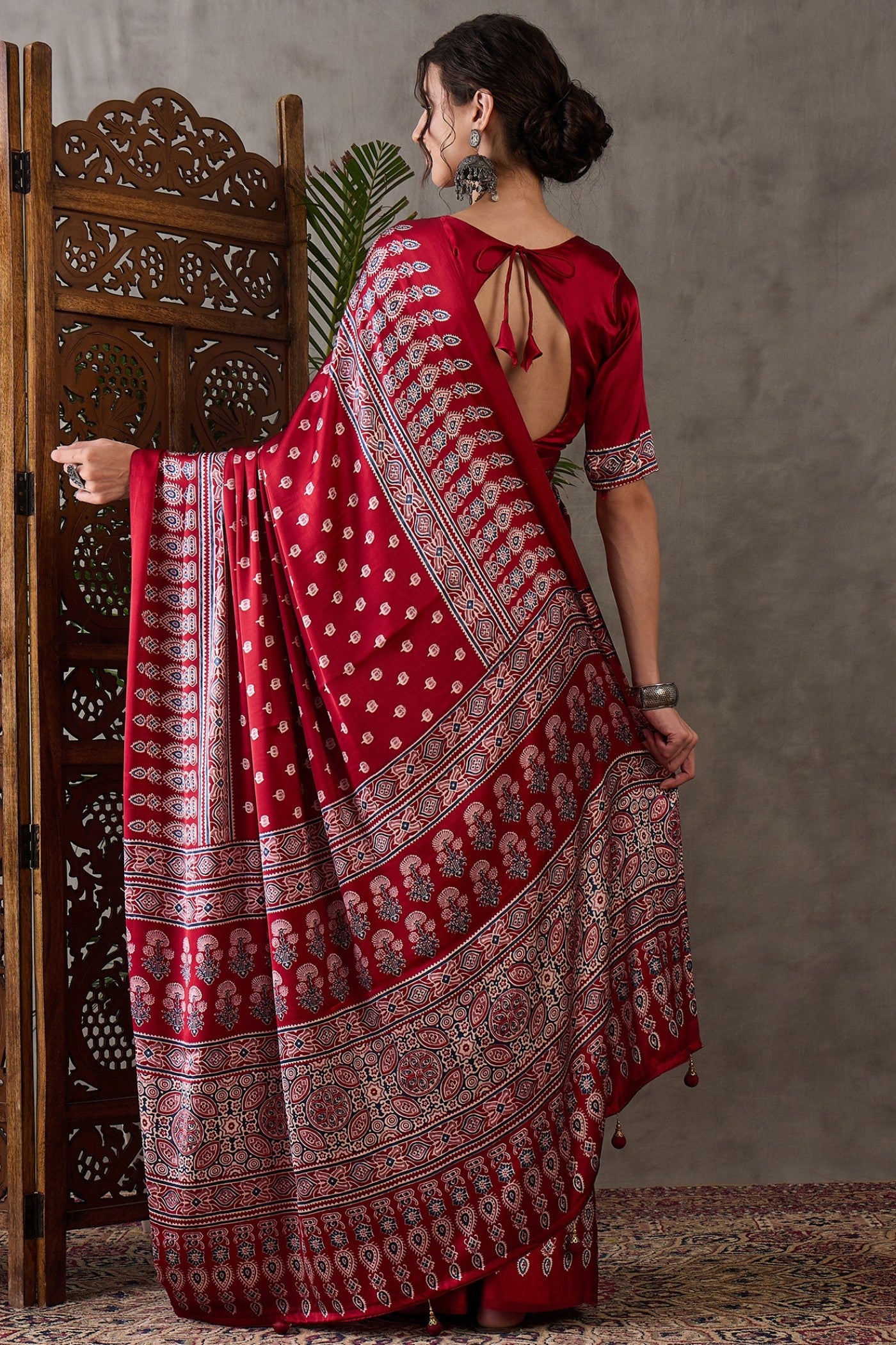Buy MySilkLove Dark Rose Red Printed Satin Gaji Silk Saree Online