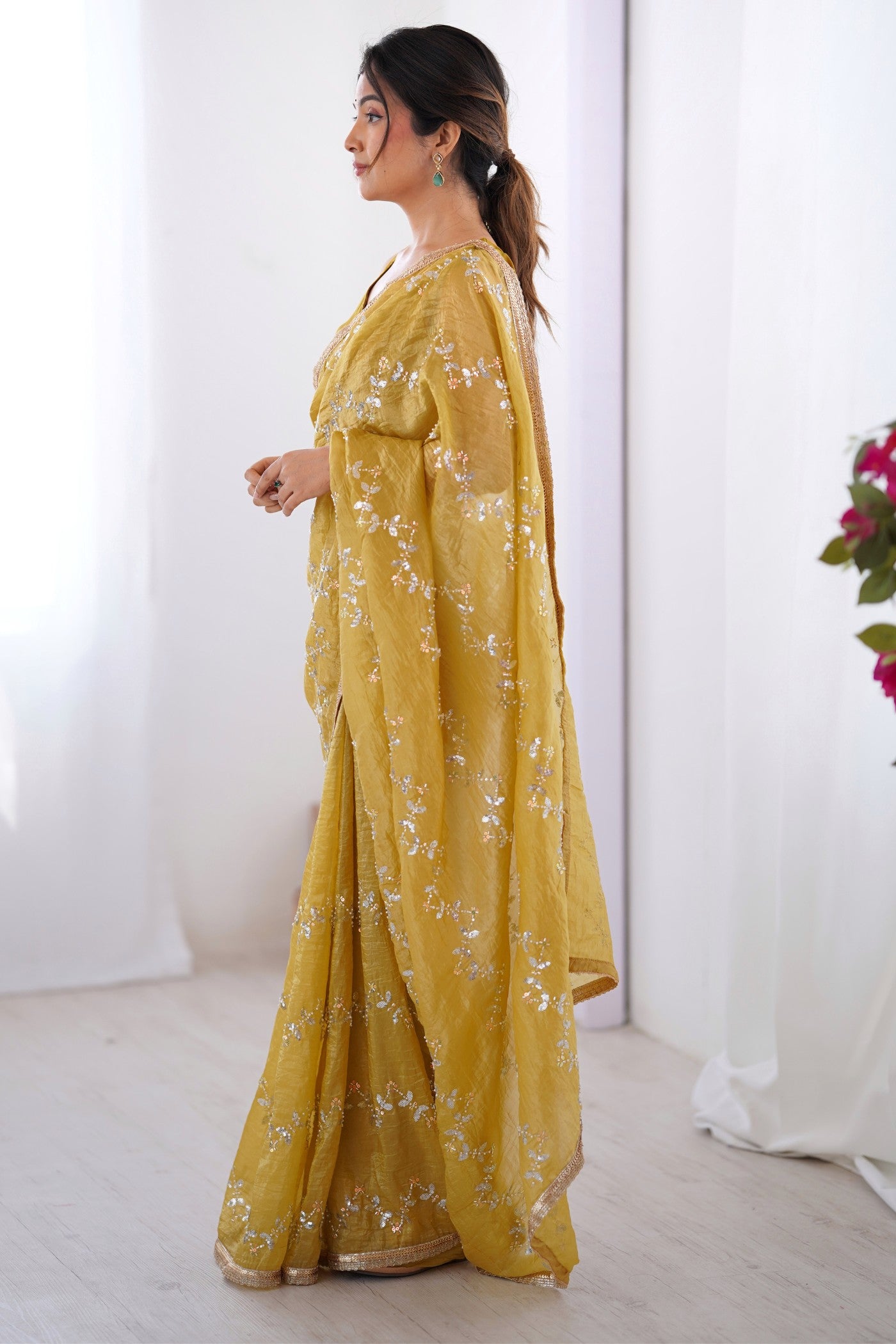 Buy MySilkLove Flax Yellow Designer Partywear Saree Online