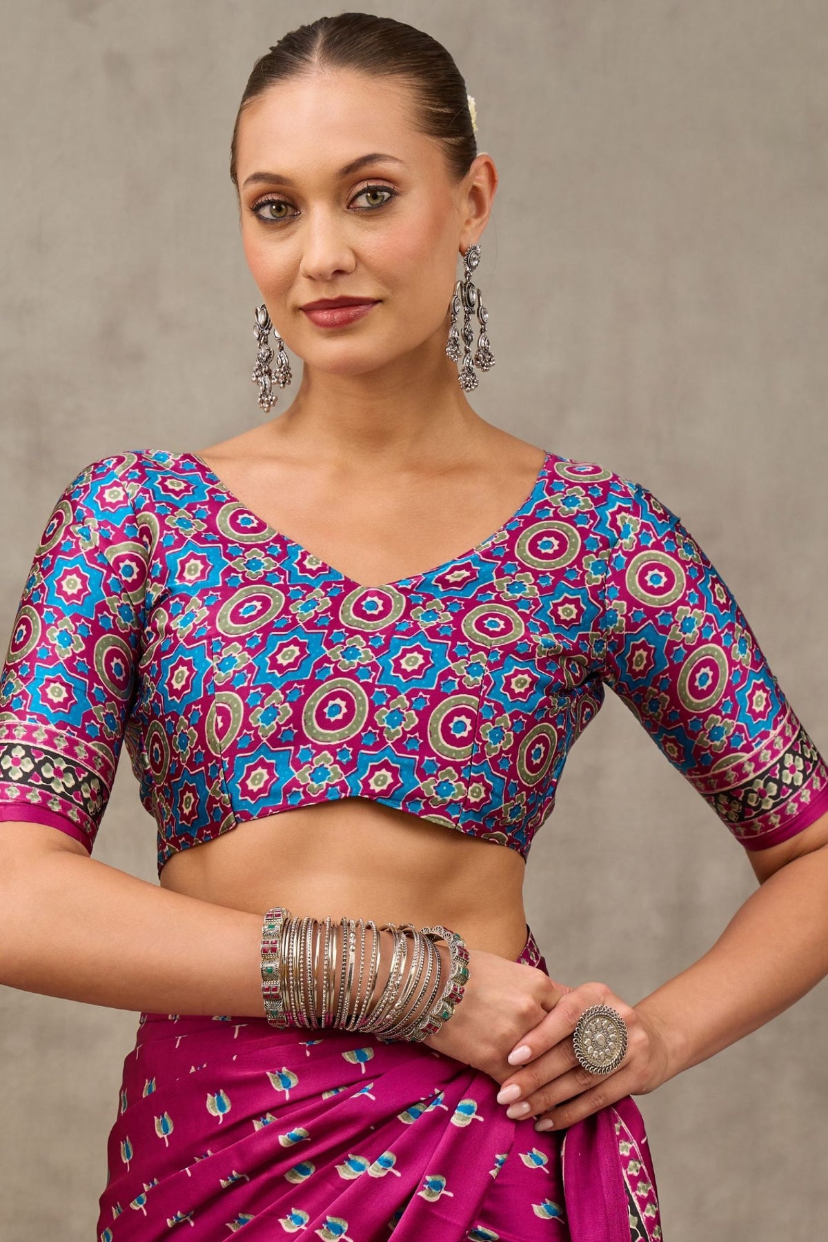 Buy MySilkLove Fuchsia Pink and Blue Modal Satin Printed Silk Saree Online