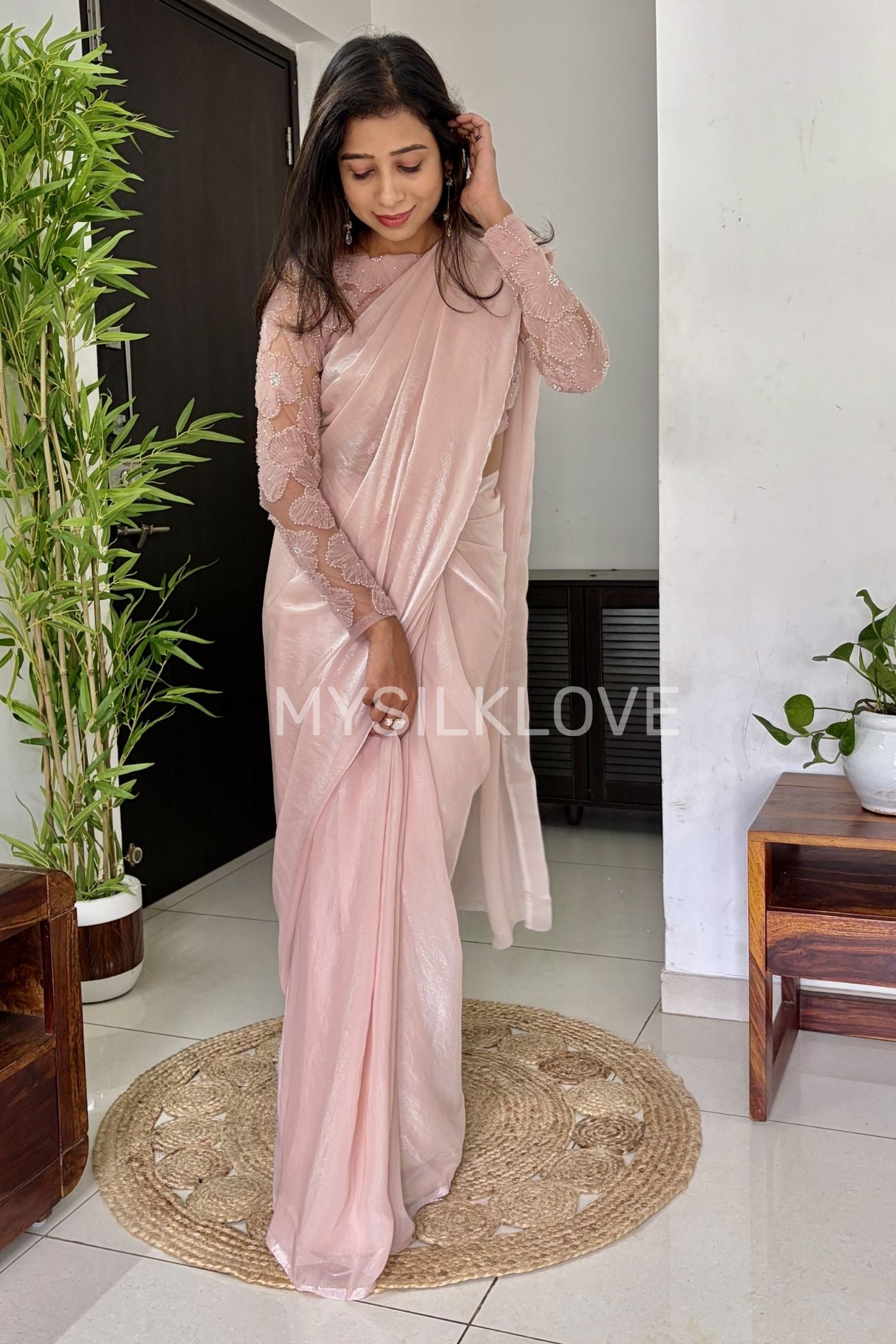 Buy MySilkLove Shine Pink Designer Partywear Saree with Floral Blouse Without Blouse Online