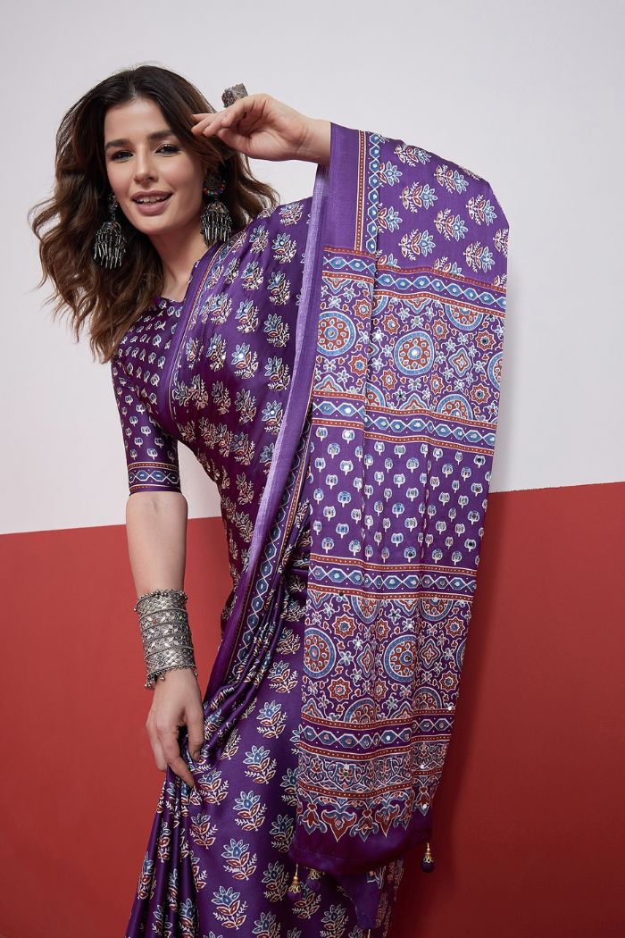 Buy MySilkLove Amethyst Purple Modal Ajrakh Satin Printed Mirror Work Saree Online