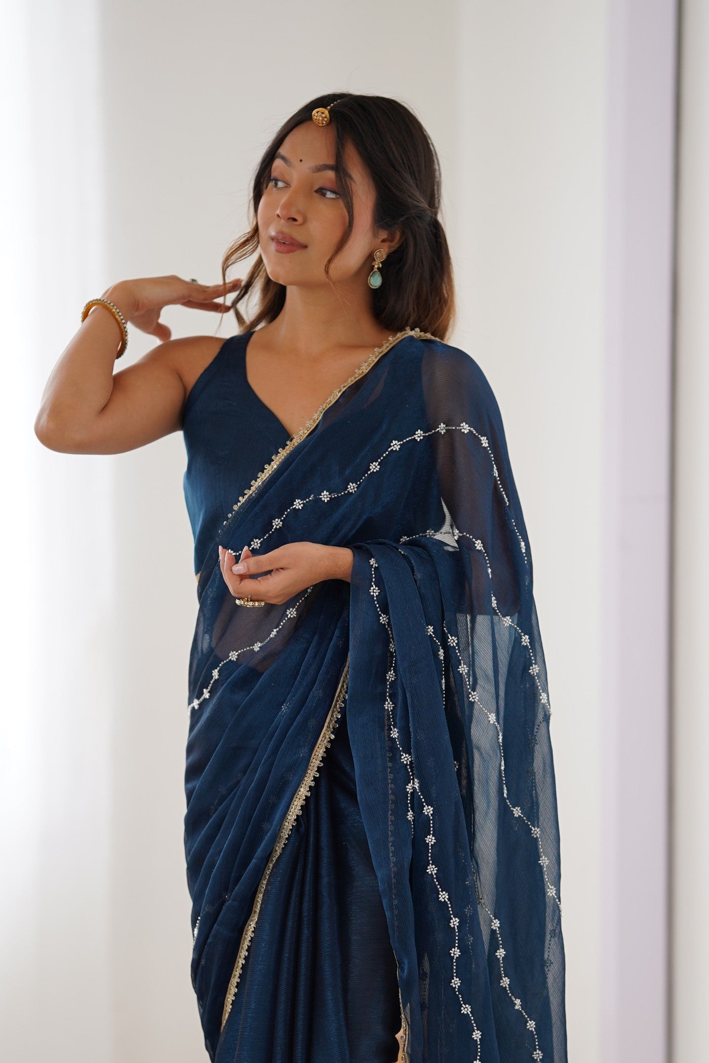 Buy MySilkLove Navy Blue Chiffon Partywear Saree Online