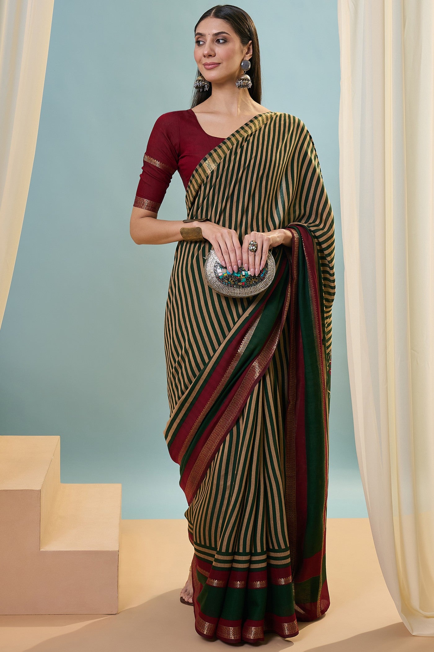 Buy MySilkLove Army Green Woven Cotton Saree Online