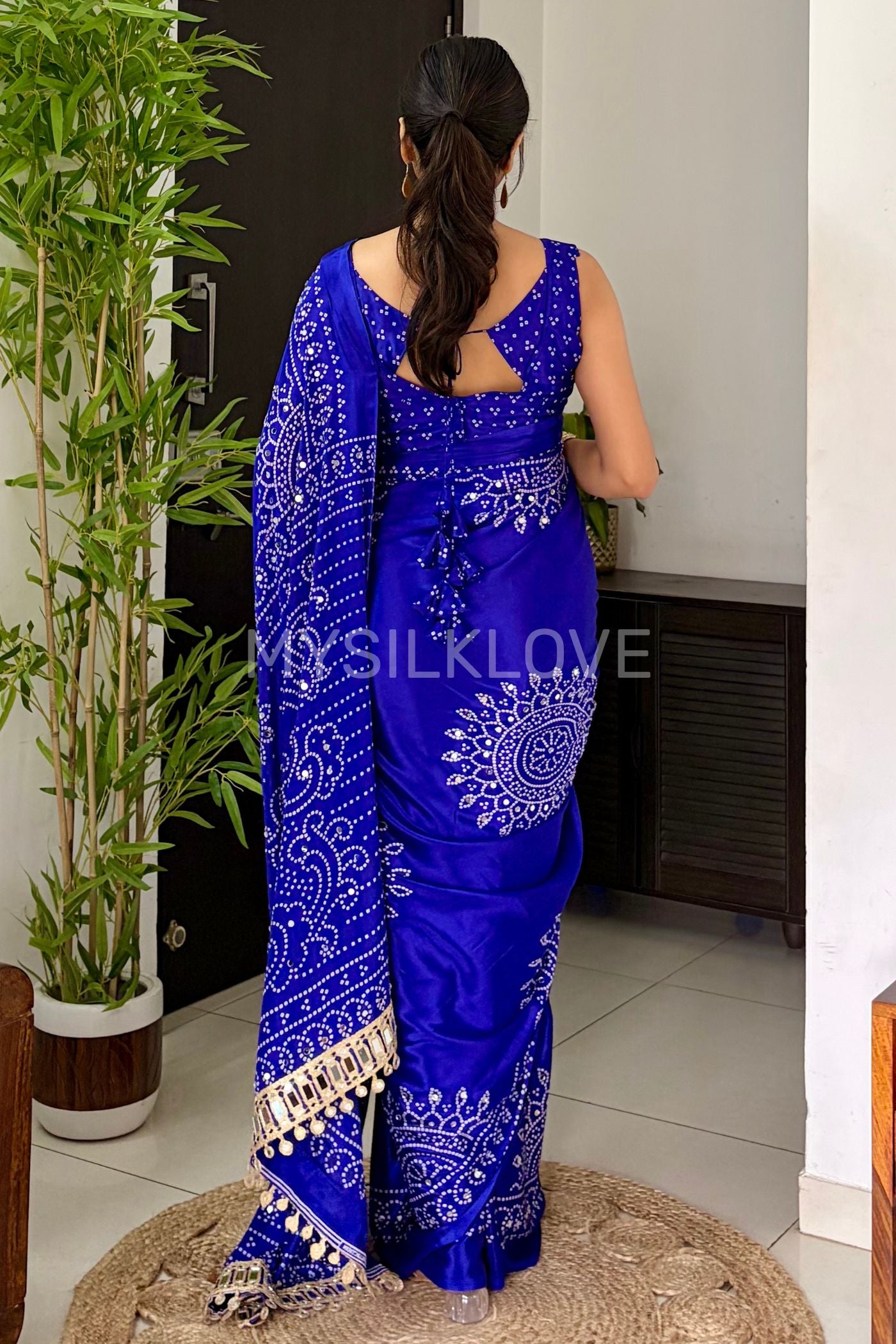 Buy MySilkLove Prussian Blue Bandhani Gaji Satin Mirror Work Silk Crepe Saree Online
