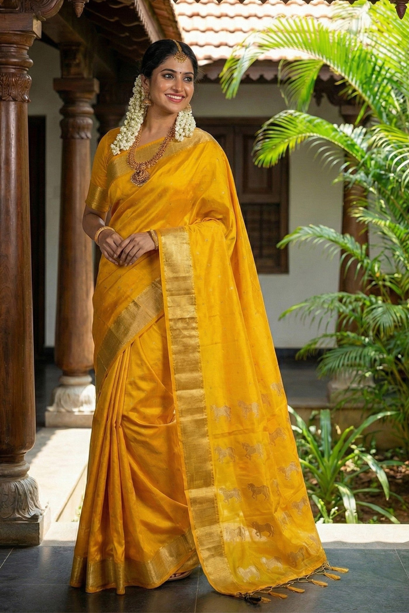 Buy MySilkLove Turmeric Yellow Banarasi Woven Soft Silk Saree Online