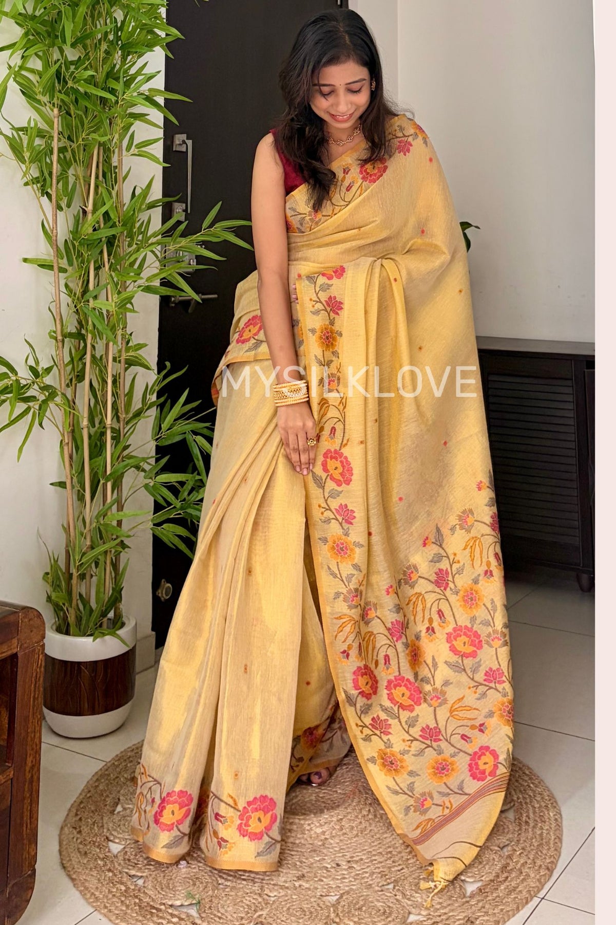 Buy MySilkLove Daisy Cream Woven Floral Tissue Saree Online