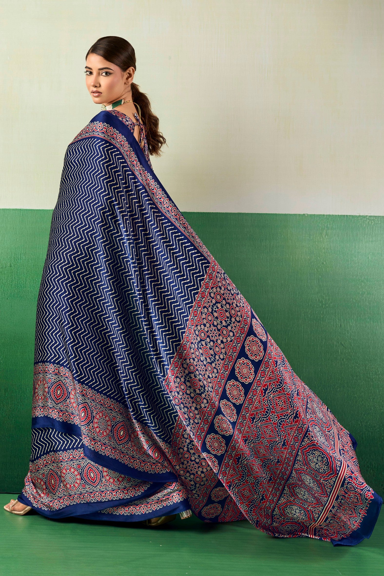 Buy MySilkLove Electric Blue Modal Ajrakh Satin Printed Silk Saree Online