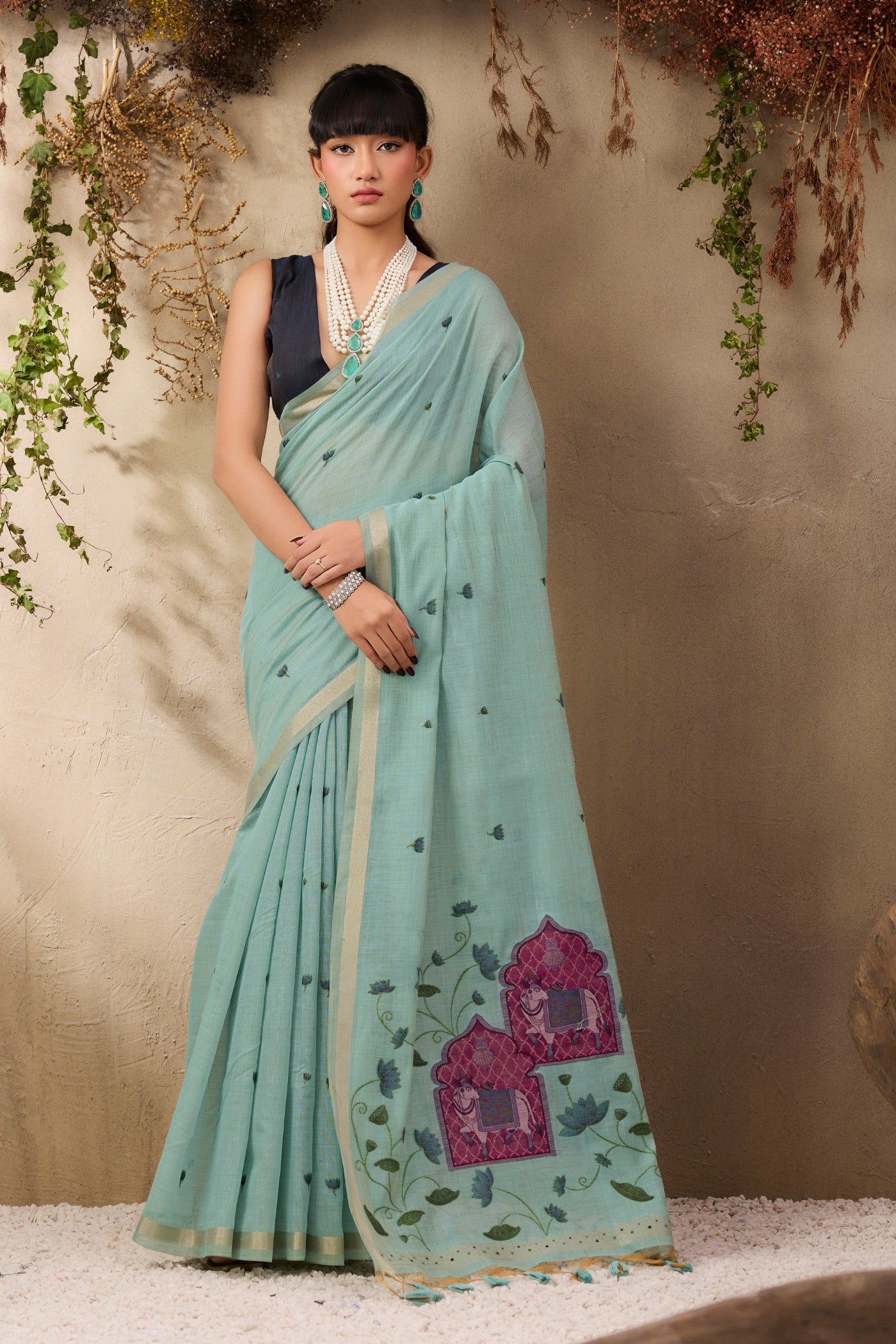 Buy MySilkLove Columbia Blue Handloom Cotton Saree Online
