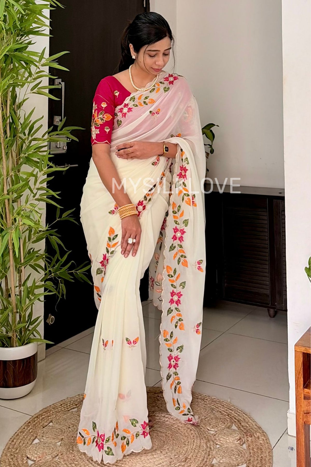 Buy MySilkLove Frost White Designer Embroidered Georgette Saree with Embroidery Blouse Piece Online