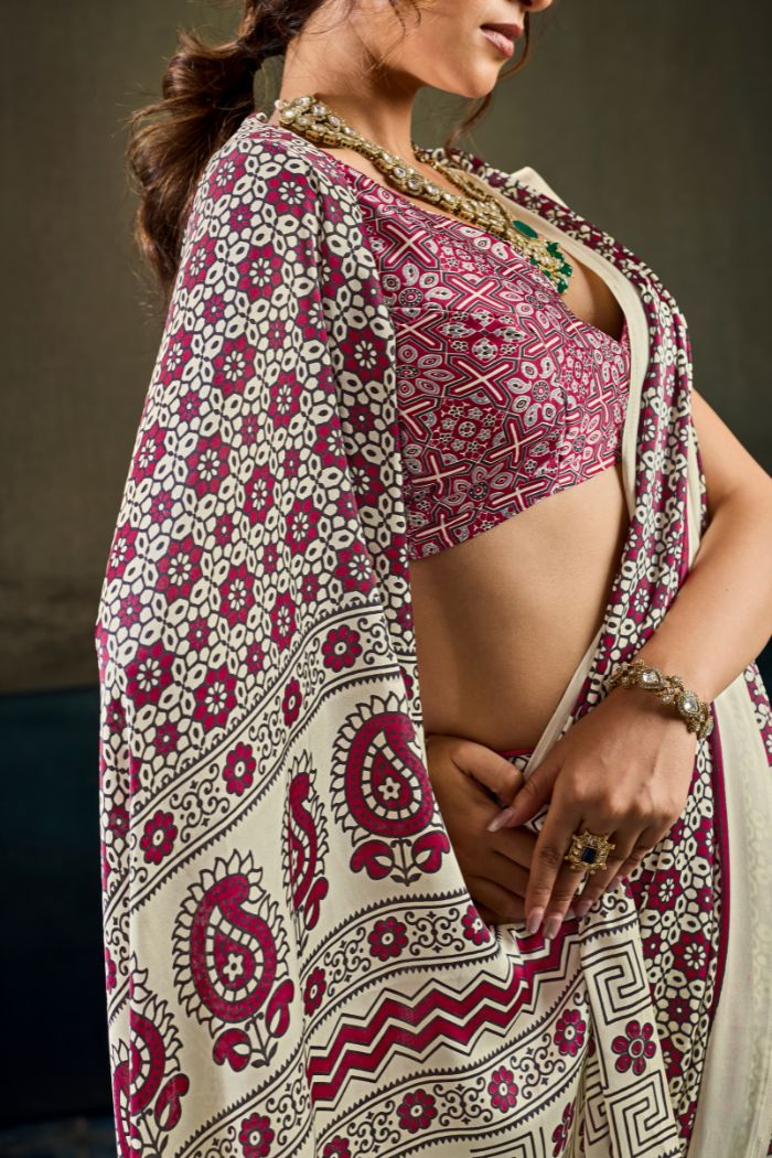 Buy MySilkLove Salt Cream and Maroon Modal Ajrakh Satin Printed Silk Saree Online