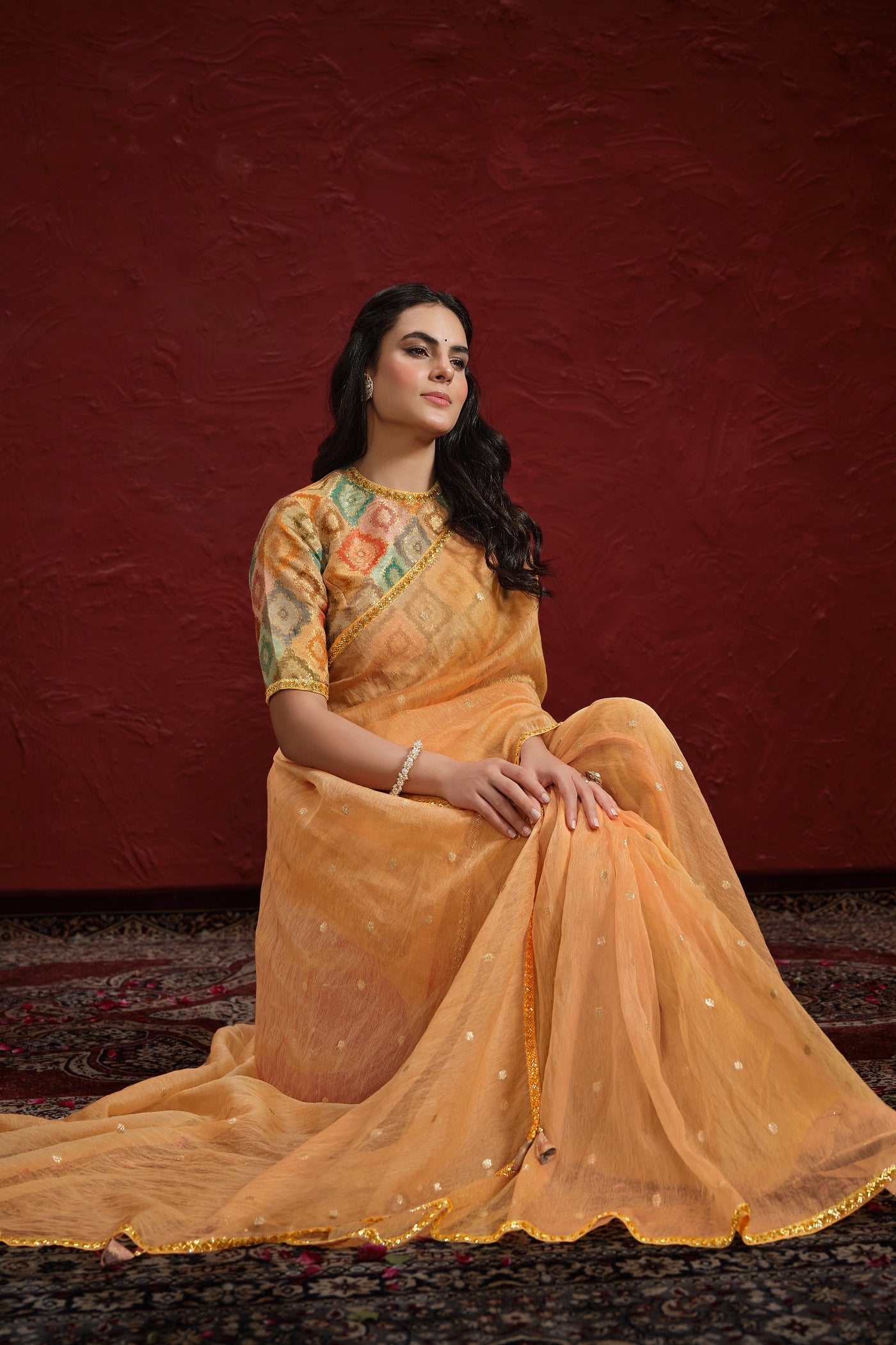 Buy MySilkLove Neon Orange Two Tone Tussar Saree with Stitched Blouse Online