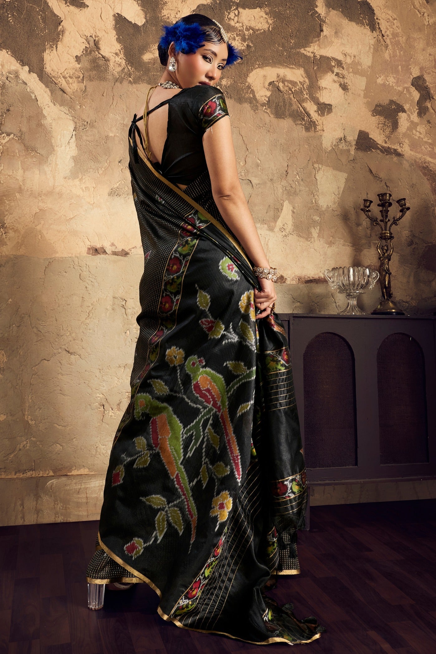 Buy MySilkLove Asphalt Black Tussar Paithani Fusion Handloom Saree Online