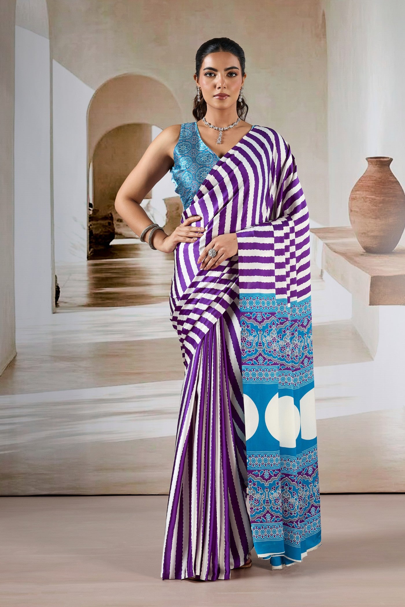 Buy MySilkLove Mist Purple Stripe Ajrakh Printed Satin Crepe Silk Saree Online