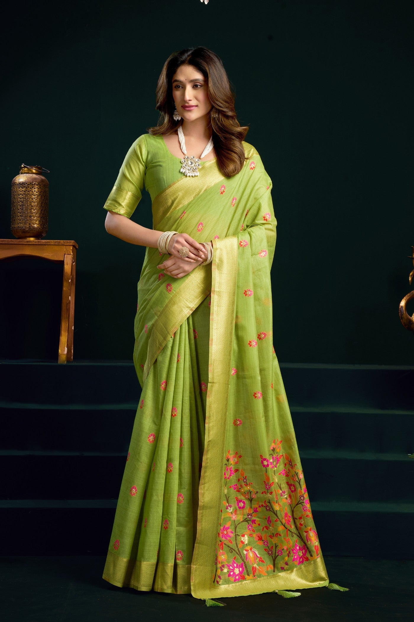 Buy MySilkLove Artichoke Green Handloom Muga Cotton Saree Online