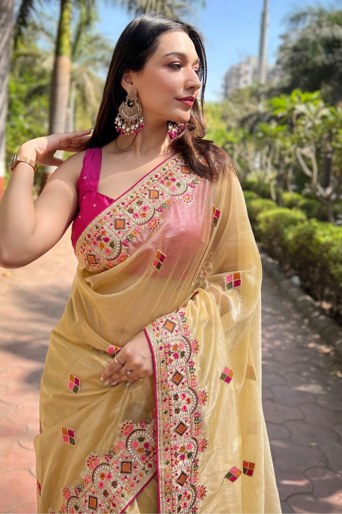 Buy MySilkLove Blonde Yellow Embroidered Tissue Silk Saree Online